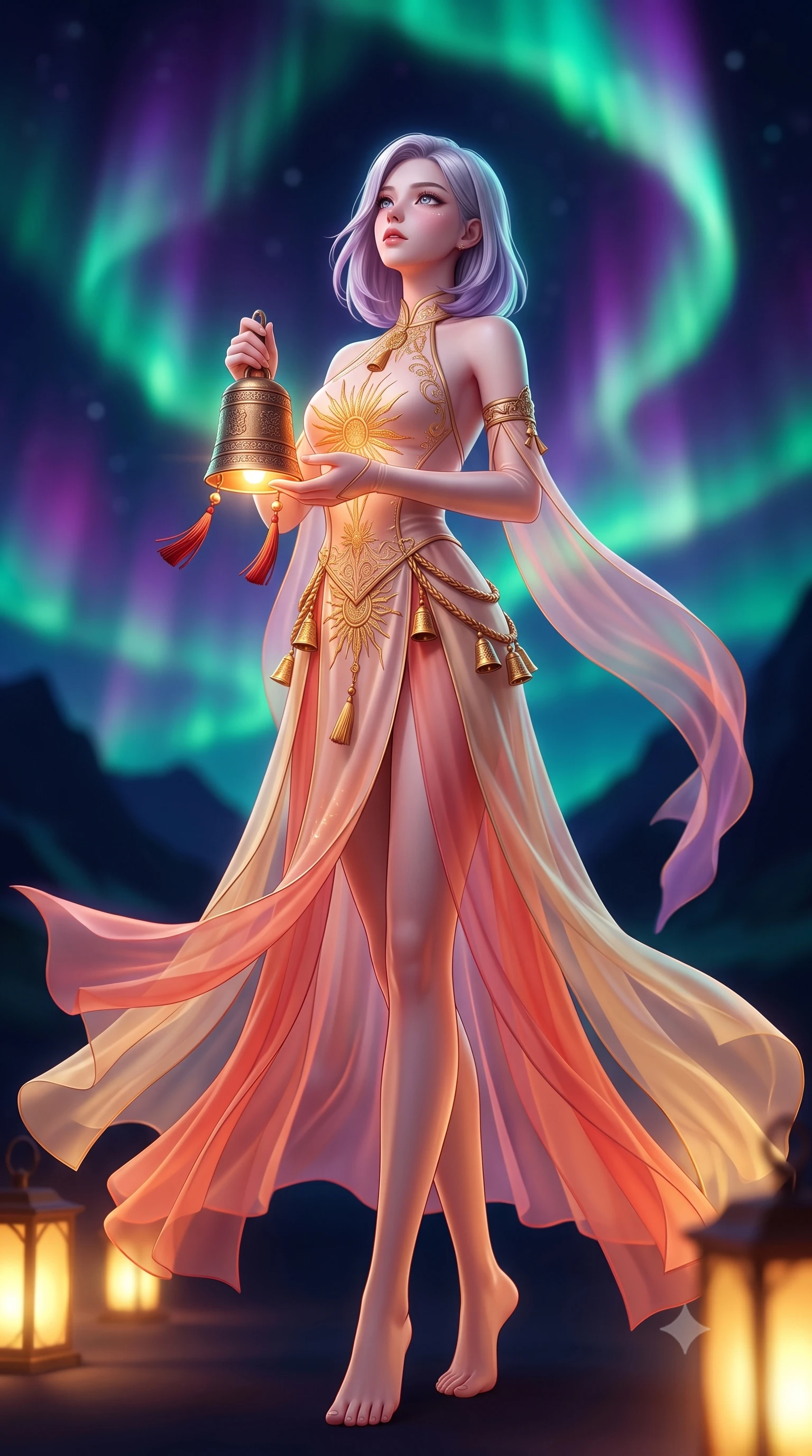 score_9, masterpiece, best quality, ultra-detailed, high-budget anime keyframe, semi-realistic 3D game render, editorial fashion photography, tasteful artistic composition, Caucasian woman. low angle full-body shot from head to toe showing her feet, filling the entire 9:16 vertical frame with her statuesque presence, stretching her vertical silhouette. executing an elegant mid-motion spin with effortless grace, her garments fluttering softly around her ultra-slim waistline while holding a glowing bronze ritual bell with red tassels, looking up at the aurora-filled sky with reverent, sparkling eyes. The composition keeps background elements in soft focus with creamy bokeh. swirling emerald and violet aurora ribbons and dark mountain silhouettes blurred into deep indigo, magenta, and teal bokeh. She has an absolutely perfect, statuesque 8.5-heads proportion, an exceptionally tall and slender model-like female figure with impossibly long slender legs, a toned flat midriff, and an ultra-slim waist. sharp v-shaped jawline, high-bridge nose, intricate jewel-like eyes with depth, thick eyelashes, glossy lips with a natural sheen, captivating and magnetic expression, flawlessly proportioned anatomical accuracy, strict slender model proportions, natural body alignment, perfectly sculpted long slender limbs, ultra-slim waistline, clean dynamic posture without body distortion. wearing a celestial priestess halter gown with golden sunburst embroidery and sheer leg veils in sunrise coral and champagne gold, crafted from sheer cascading chiffon that ripples like water, accessorized with delicate gold bell tassels and braided silk cords, the glove-like aerodynamic second-skin fit tightly clinging to her ultra-slender waist and athletic curves without adding bulk, accentuating her razor-sharp statuesque lines and slim hourglass silhouette. bathed in vibrant emerald and violet aurora light overhead and warm golden lantern uplights from below. highly saturated vibrant anime colors, detailed shading with soft gradients, rich glossy textures, high-contrast stereoscopic depth, volumetric dynamic lighting, master piece, 9:16 ratio