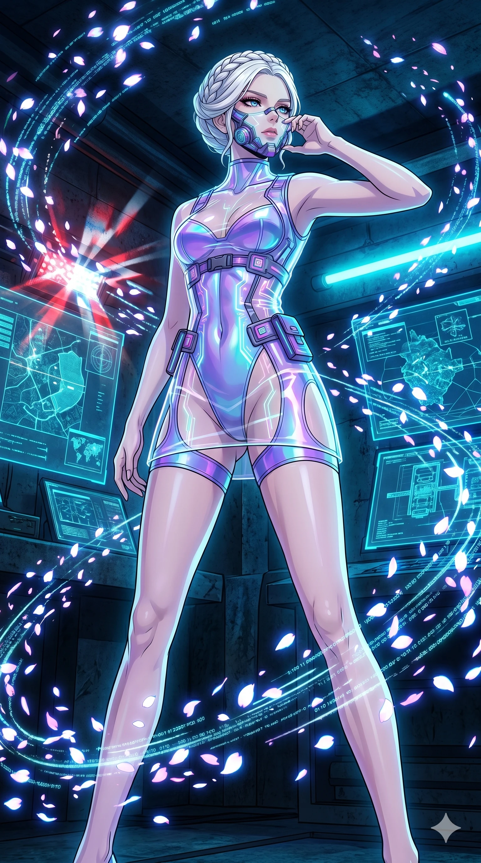 score_9, masterpiece, best quality, ultra-detailed, High-budget Anime Keyframe, vibrant colors, fluid line-art, expressive lighting, cinematic composition, Ufotable-style visual effects, top-tier animation quality, Japanese woman with delicate and elegant anime-inspired features. Low angle cowboy shot filling the entire 9:16 frame with her statuesque presence, looking up to emphasize her height. Adjusting a glowing mechanical mask as a blizzard of digital sakura petals swirls violently around her in a high-tech Neo-Tokyo alleyway. She has an absolutely perfect 8-heads proportion, an exceptionally tall and slender female figure with impossibly long slender legs and an ultra-slim waist, her statuesque height and towering silhouette dominating the vertical 9:16 frame. Her face is a masterpiece featuring a sharp v-shaped jawline, high-bridge nose, intricate jewel-like eyes with depth, thick eyelashes, and glossy lips with a natural sheen. She is wearing a Transparent mini-dress with glowing internal circuits and a high-cut structural leotard crafted from Iridescent vinyl with a futuristic sheen that shifts between violet and cyan, with integrated neon-lit tactical gear and suggestive cutouts on the thighs. The scene is set in an underground rebel bunker with flickering holographic screens and tactical maps, illuminated by dynamic strobe effects that capture her movement in a series of sharp fragments. 2k, ultra detail, master piece, 9:16 ratio