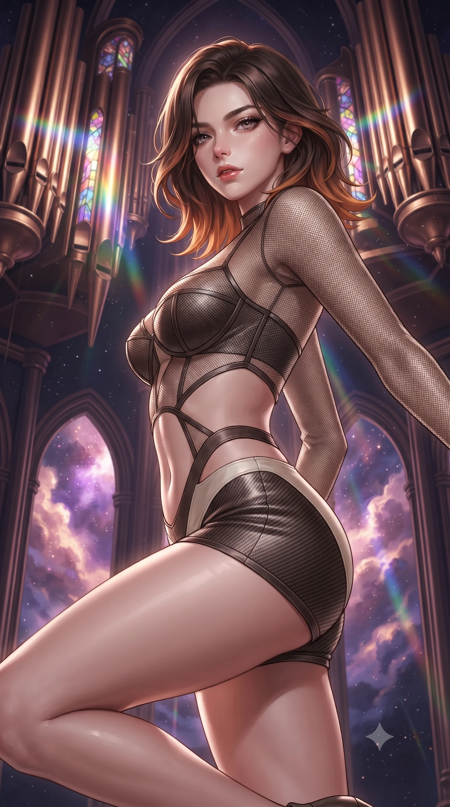 score_9, masterpiece, best quality, ultra-detailed, high-budget anime keyframe, editorial fashion photography, tasteful artistic composition, Korean woman. close-up cowboy shot from the waist and thighs up, the character dominates the composition, filling the frame with her large presence, background elements kept in soft focus. Pivoting sharply while looking back over her shoulder with heavy lashes and a confident, intense gaze while leaping gracefully across massive bronze pipe organ tubes suspended in deep space, vivid purple and rose-gold nebula clouds glowing through cathedral-like arches. She has an exceptionally elegant, slender, and willowy female figure with an ultra-slim waist, a gracefully sculpted slender torso, and a refined silhouette. sharp v-shaped jawline, high-bridge nose, intricate jewel-like eyes with depth, thick eyelashes, glossy lips with a natural sheen, flawlessly proportioned anatomical accuracy, natural body alignment, perfectly sculpted elegant limbs, clean dynamic posture without body distortion. wearing a delicate see-through mesh top with structured cup boning and micro-shorts in espresso brown and warm cream, made of fine carbon-fiber weave and soft matte leather, featuring subtle geometric cutouts that highlight her ultra-slim midriff, the sleek second-skin texture accentuating her magnetic presence. illuminated by cascading rainbow prismatic light refracting through stained glass. ultra-reflective glossy finish, specular highlights, metallic sheen, high-contrast stereoscopic depth, volumetric dynamic lighting, 2k, ultra detail, master piece, 9:16 ratio