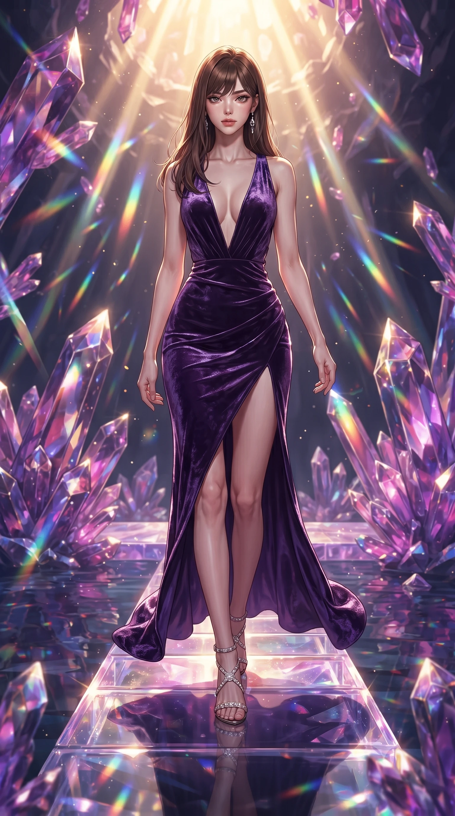 score_9, masterpiece, best quality, ultra-detailed, high-budget anime keyframe, editorial fashion photography, tasteful artistic composition, Korean woman. low angle full-body shot from head to toe showing her feet, filling the entire 9:16 vertical frame with her statuesque presence, stretching her vertical silhouette. stepping forward with proud posture, filling the vertical frame with her magnetic presence stepping along a glowing quartz crystal bridge over a subterranean mirror lake, massive violet and magenta crystal facets scattering prismatic light rays. She has an absolutely perfect, statuesque 8.5-heads proportion, an exceptionally tall and slender model-like female figure with impossibly long slender legs and an ultra-slim waist. sharp v-shaped jawline, high-bridge nose, intricate jewel-like eyes with depth, thick eyelashes, glossy lips with a natural sheen. wearing a backless crushed velvet gown with a deep plunging V-neckline and a high thigh slit, the form-contouring material highlighting her ultra-slim waist and long lines. lit by warm golden sunlight colliding with cool violet crystal illumination. ultra-reflective glossy finish, specular highlights, metallic sheen, high-contrast stereoscopic depth, volumetric dynamic lighting, 2k, ultra detail, master piece, 9:16 ratio