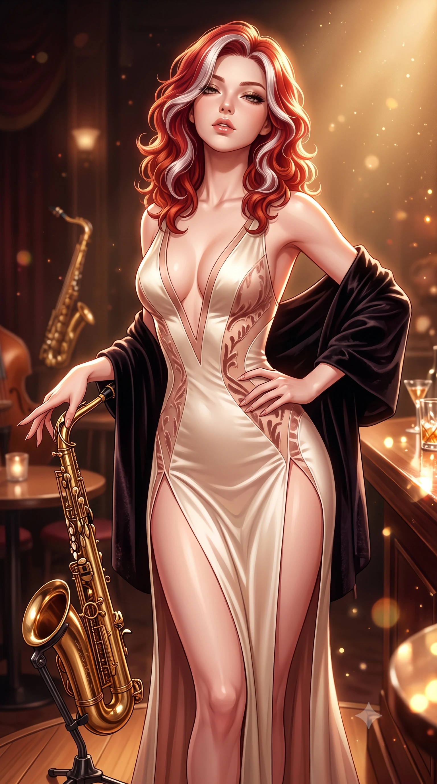 score_9, masterpiece, best quality, ultra-detailed, high-budget anime keyframe, semi-realistic 3D game render, editorial fashion photography, tasteful artistic composition, Caucasian woman. close-up cowboy shot from the waist and thighs up, the character dominates the composition, filling the frame with her large presence. tilting her chin up with proud, sovereign allure while gazing through thick eyelashes, one hand resting on her waist in pure supermodel charisma while standing poised beside the brass saxophone stand on the low bandstand, twisting her slender torso in an alluring S-curve in the spotlight. The composition keeps background elements in soft focus with creamy bokeh. crystal glass refractions and polished bar top reflections scattering warm decadent light motes. She has an exceptionally elegant, slender, and willowy female figure with an ultra-slim waist, flat toned midriff, narrow ribcage, and sculpted feminine hips creating an alluring, slim hourglass silhouette without bulk. sharp v-shaped jawline, high-bridge nose, intricate jewel-like eyes with depth, thick eyelashes, glossy parted lips with a natural sheen, intensely captivating and seductive bedroom-eyes expression, flawlessly proportioned anatomical accuracy, strict slender model proportions, natural body alignment, perfectly sculpted long slender limbs, ultra-slim waistline, clean dynamic posture without body distortion. wearing a plunging-V neckline duchess satin gown with high side slits ascending to the high hip in vintage champagne ivory and delicate rose gold, made of sheer contouring power-mesh with velvet flocking patterns, complemented by a plush velvet shawl draped loosely over her elbows, the form-contouring material adhering flawlessly to her sculpted flat midriff and slender torso, emphasizing her long leg lines and perfectly proportioned willowy build. illuminated by rich specular rim lights defining her razor-sharp jawline, narrow waist, and curvy hips. highly saturated vibrant anime colors, detailed shading with soft gradients, rich glossy textures, high-contrast stereoscopic depth, volumetric dynamic lighting, master piece, 9:16 ratio