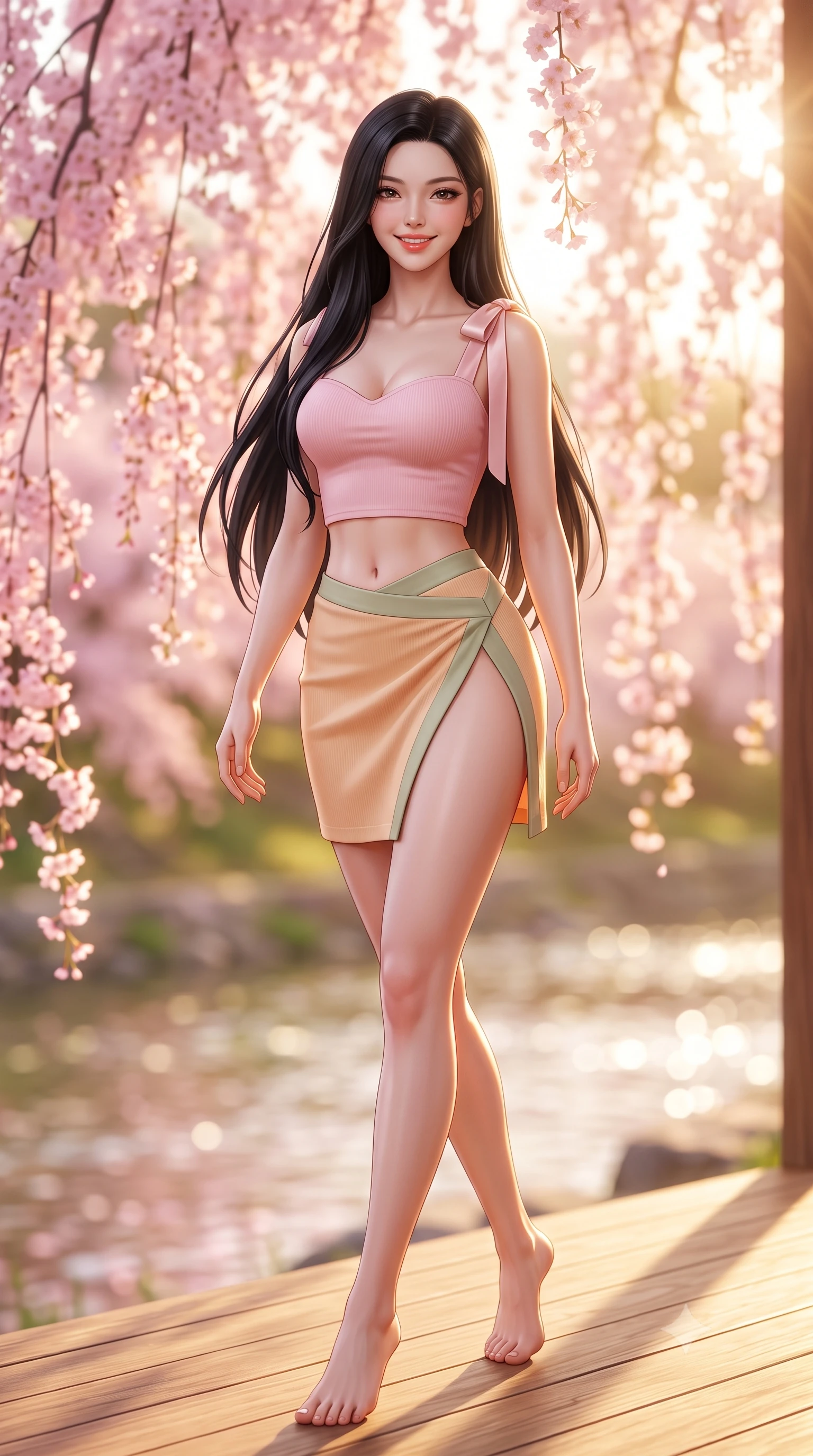 score_9, masterpiece, best quality, ultra-detailed, high-budget anime keyframe, semi-realistic 3D game render, editorial fashion photography, tasteful artistic composition, Korean woman. low angle full-body shot from head to toe showing her feet, filling the entire 9:16 vertical frame with her statuesque presence, stretching her vertical silhouette. stepping forward gracefully in mid-motion with a radiant beaming smile, hips swaying in an alluring kinetic rhythm that accentuates her curvy hourglass silhouette and long slender legs while standing poised on the sun-warmed wooden veranda, twisting her slender torso in an alluring S-curve in the gentle spring river breeze. The composition keeps background elements in soft focus with dreamy creamy bokeh. cascading pink weeping cherry blossoms and glittering Kamogawa river waters blurred into soft sakura-pink, gold, and spring-green bokeh. She has an exceptionally tall and slender model-like 8.5-heads proportion, an ultra-slim waist, a flat toned midriff, narrow delicate ribcage, and beautifully sculpted feminine hips creating a graceful, slim hourglass silhouette without any bulky heaviness, with impossibly long slender legs. sharp v-shaped jawline, high-bridge nose, intricate jewel-like sparkling eyes with depth, thick eyelashes, glossy parted lips with a natural peach sheen, bright cheerful beaming smile with an enchanting and coquettish sensual glint, exuding both youthful cute charm and seductive allure, flawlessly proportioned anatomical accuracy, strict slender model proportions, natural body alignment, perfectly sculpted long slender limbs, ultra-slim waistline, clean dynamic posture without body distortion. wearing a sweetheart-neckline baby-pink crop top with a high-slit wrap mini skirt accentuating her waist-to-hip curve in soft apricot and sage green, formed from supple second-skin stretch ribbed knit clinging to her form, finished with cute satin bow ribbons tying at the shoulders, the precision-cut side openings and low-back scoop framing her graceful spine and the sensual sweep of her slim, toned hips. bathed in bright morning sunbeams and warm golden sakura backlighting. highly saturated vibrant anime colors, detailed shading with soft gradients, rich glossy textures, high-contrast stereoscopic depth, volumetric dynamic lighting, master piece, 9:16 ratio