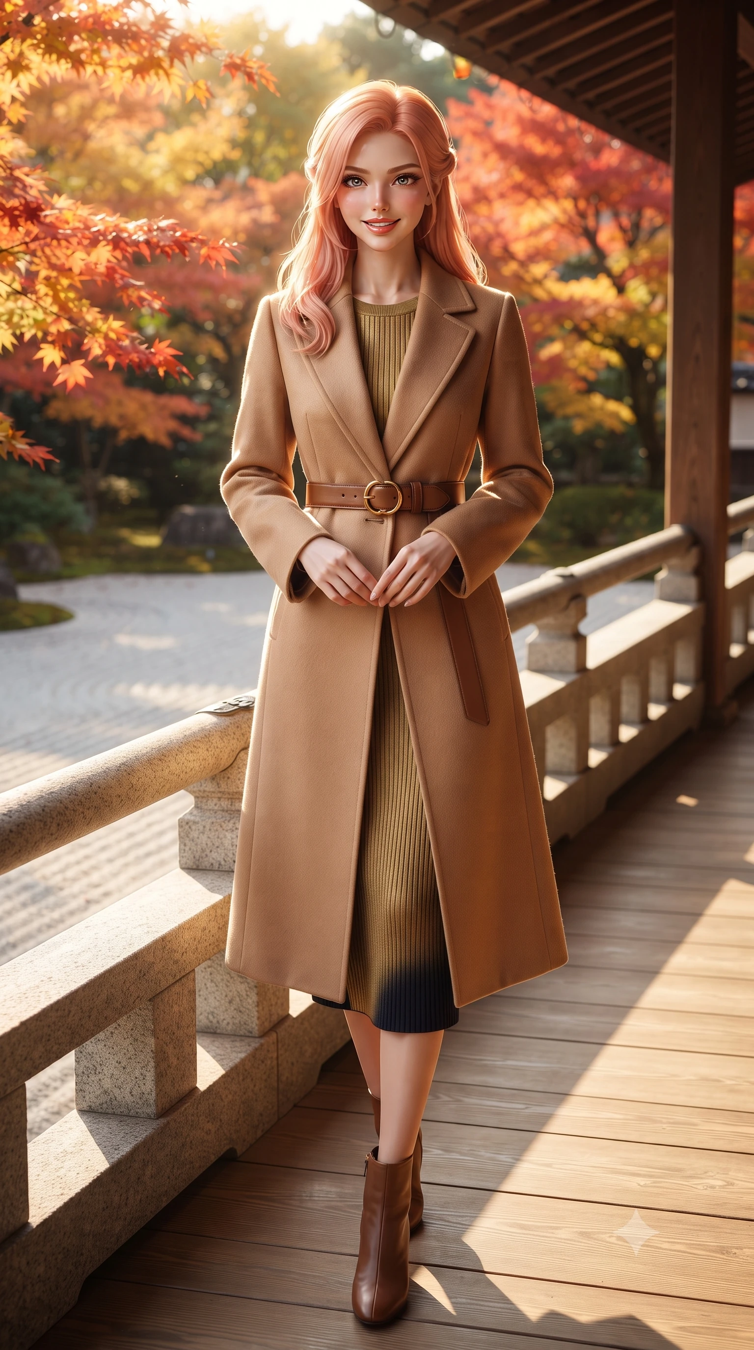 score_9, masterpiece, best quality, ultra-detailed, high-budget anime keyframe, editorial fashion photography, tasteful artistic composition, Japanese woman. low angle full-body shot from head to toe showing her feet, filling the entire 9:16 vertical frame with her statuesque presence, stretching her vertical silhouette. standing poised beside the classical stone balustrade with one foot slightly forward, hands folded loosely before her with regal grace while walking along the exterior wooden gallery overlooking raked white gravel and flaming crimson maple leaves, her tailored coat flowing with poise. The surrounding environment is rendered in vivid detail and crisp panoramic clarity: sharp fine grain on polished hinoki cypress veranda planks, precise raked lines in granite sand, and maple leaf serrations in deep focus. She has an exceptionally tall and slender model-like 8.5-heads proportion, an ultra-slim waist, a flat toned midriff, narrow delicate ribcage, and beautifully sculpted feminine hips creating a graceful, slim hourglass silhouette without any bulky heaviness, with impossibly long slender legs. sharp v-shaped jawline, high-bridge nose, intricate jewel-like sparkling eyes with depth, thick eyelashes, glossy parted lips with a natural peach sheen, bright cheerful beaming smile with an enchanting and coquettish sensual glint, exuding both youthful cute charm and seductive allure, flawlessly proportioned anatomical accuracy, strict slender model proportions, natural body alignment, perfectly sculpted long slender limbs, ultra-slim waistline, clean dynamic posture without body distortion. wearing a tailored belted cashmere wrap coat in warm camel layered over a fine ribbed knit midi dress in Ginza vintage brass gold and midnight navy, crafted from fluid mulberry silk twill with an understated lustrous pearl finish, finished with a smooth equestrian bridle-leather belt with a polished brass horseshoe buckle, the structured cinched belt emphasizing her narrow waistline and gracefully balanced proportions with timeless haute-couture polish. bathed in filtered golden autumn sunlight dappled through brilliant red and orange maple foliage. ultra-reflective glossy finish, specular highlights, rich textural contrasts, high-contrast stereoscopic depth, volumetric dynamic lighting, 2k, ultra detail, master piece, 9:16 ratio