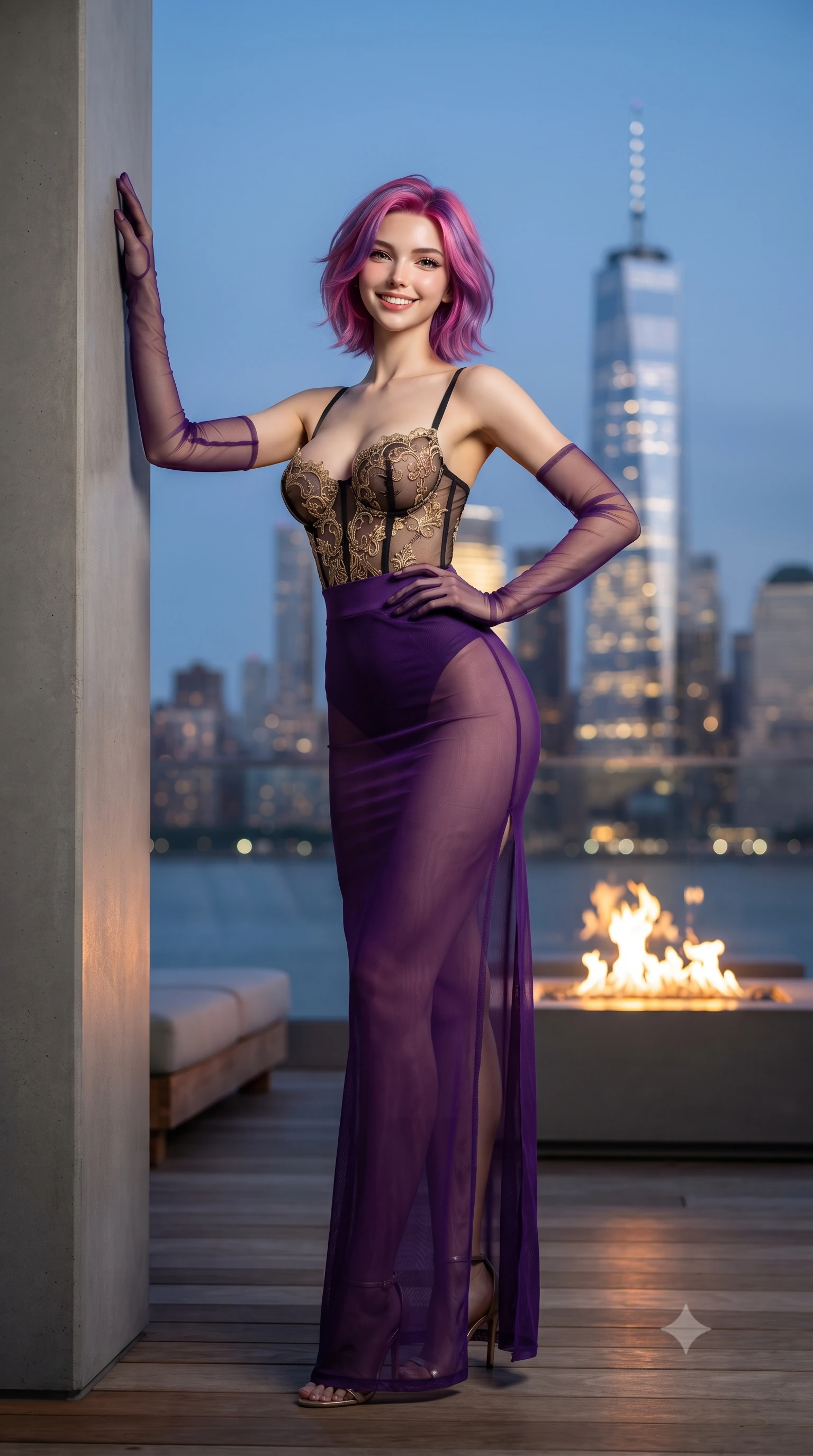 score_9, masterpiece, best quality, ultra-detailed, high-budget anime keyframe, editorial fashion photography, tasteful artistic composition, Caucasian woman. low angle full-body shot from head to toe showing her feet, filling the entire 9:16 vertical frame with her statuesque presence, stretching her vertical silhouette. standing tall beside the architectural column, one hand resting high while arching her lower back to emphasize her sculpted feminine hips and slender waist while standing poised on the private cedar rooftop terrace, arching her lower back with sovereign supermodel poise as One World Trade Center blazes across the East River. The background shows a soft-focus dancing flames of the terrace fire pit softened in premier waterfront penthouse shallow focus. She has an exceptionally tall and slender model-like 8.5-heads proportion, an ultra-slim waist, a flat toned midriff, narrow delicate ribcage, and beautifully sculpted feminine hips creating a graceful, slim hourglass silhouette without any bulky heaviness, with impossibly long slender legs. sharp v-shaped jawline, high-bridge nose, intricate jewel-like sparkling eyes with depth, thick eyelashes, glossy parted lips with a natural peach sheen, bright cheerful beaming smile with an enchanting and coquettish sensual glint, exuding both youthful cute charm and seductive allure, flawlessly proportioned anatomical accuracy, strict slender model proportions, natural body alignment, perfectly sculpted long slender limbs, ultra-slim waistline, clean dynamic posture without body distortion. wearing a sculpted underwire bustier in sheer noir Chantilly lace paired with a high-waisted sheer mesh skirt with dramatic back slit in rich royal amethyst purple and gilded filigree, made of sheer gossamer chiffon that drapes softly against skin with airy translucence, complemented by sheer opera-length evening gloves tracing her slender arms, the form-contouring silhouette accentuating her sculpted flat midriff, narrow delicate ribcage, and gracefully curvy hips with intoxicating allure. illuminated by river reflection bounce and sharp silver-gold rim lights sculpting her dewy collarbones, ultra-slim waist, and curvy hips. ultra-reflective glossy finish, specular highlights, rich textural contrasts, high-contrast stereoscopic depth, volumetric dynamic lighting, 2k, ultra detail, master piece, 9:16 ratio