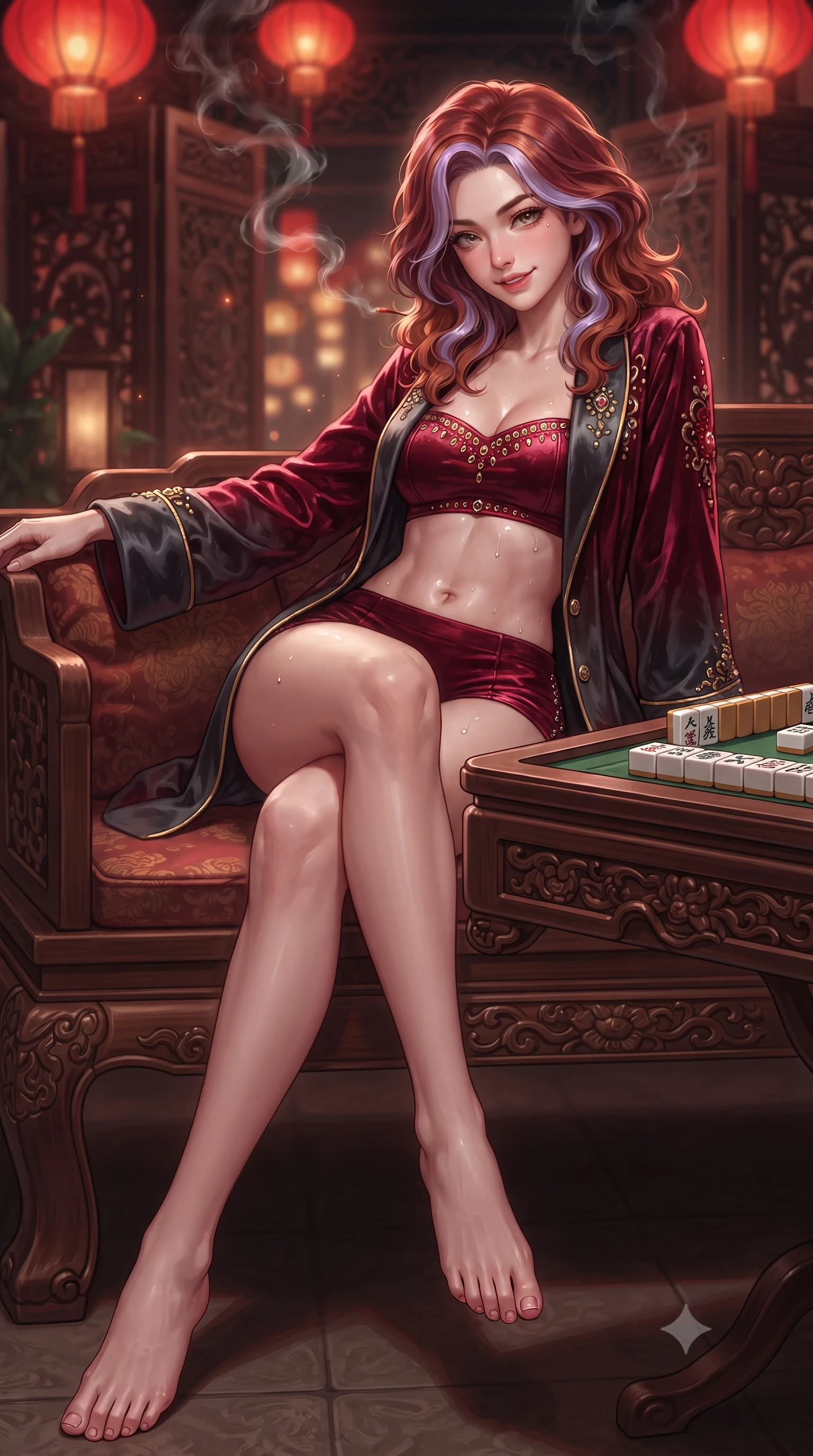 score_9, masterpiece, best quality, ultra-detailed, high-budget anime keyframe, editorial fashion photography, tasteful artistic composition, Caucasian woman. low angle full-body shot from head to toe showing her feet, filling the entire 9:16 vertical frame with her statuesque presence, stretching her vertical silhouette. lounging on the lavish daybed with legs crossed and hips angled toward the camera, displaying her toned midriff and long slender limbs with effortless siren poise while sitting at the carved teak mahjong table with legs crossed, arching her lower back with seductive underworld queen poise. The background shows a soft-focus glowing hanging red silk lanterns, curling cigar smoke, and carved rosewood room partitions blurred into crimson, amber, and charcoal bokeh. She has an absolutely perfect, statuesque 8.5-heads proportion, an exceptionally tall and slender model-like female figure with impossibly long slender legs, an ultra-slim waist, a flat toned midriff, narrow delicate ribcage, and beautifully sculpted feminine hips creating a graceful, slim hourglass silhouette without any bulky heaviness. sharp v-shaped jawline, high-bridge nose, sparkling eyes with hypnotic seductive depth, thick curled eyelashes, glossy parted lips with a natural dewy peach sheen, alluring bedroom-eyes with an enchanting coquettish smile, exuding magnetic siren charisma and sophisticated glamour, flawlessly proportioned anatomical accuracy, strict slender model proportions, natural body alignment, perfectly sculpted long slender limbs, ultra-slim waistline, clean dynamic posture without body distortion. wearing a tailored open-front smoking jacket worn over a jewel-embellished bandeau top and micro-shorts in rich cherry lacquer and smoky charcoal with gold piping, tailored from ultra-plush velvet with rich tactile depth and deep shadow gradients, complemented by glistening drops of moisture beading across her sculpted shoulders and flat midriff, the liquid-tight tailored fabric clinging flawlessly to her narrow waist and rounded feminine hips, emphasizing every millimeter of her sculpted slim hourglass curves without any bulky heaviness. illuminated by polished table bounce and sharp deep-red rim lights sculpting her jawline, flat midriff, and curvy hips. ultra-reflective glossy finish, specular highlights, rich textural contrasts, high-contrast stereoscopic depth, volumetric dynamic lighting, 2k, ultra detail, master piece, 9:16 ratio