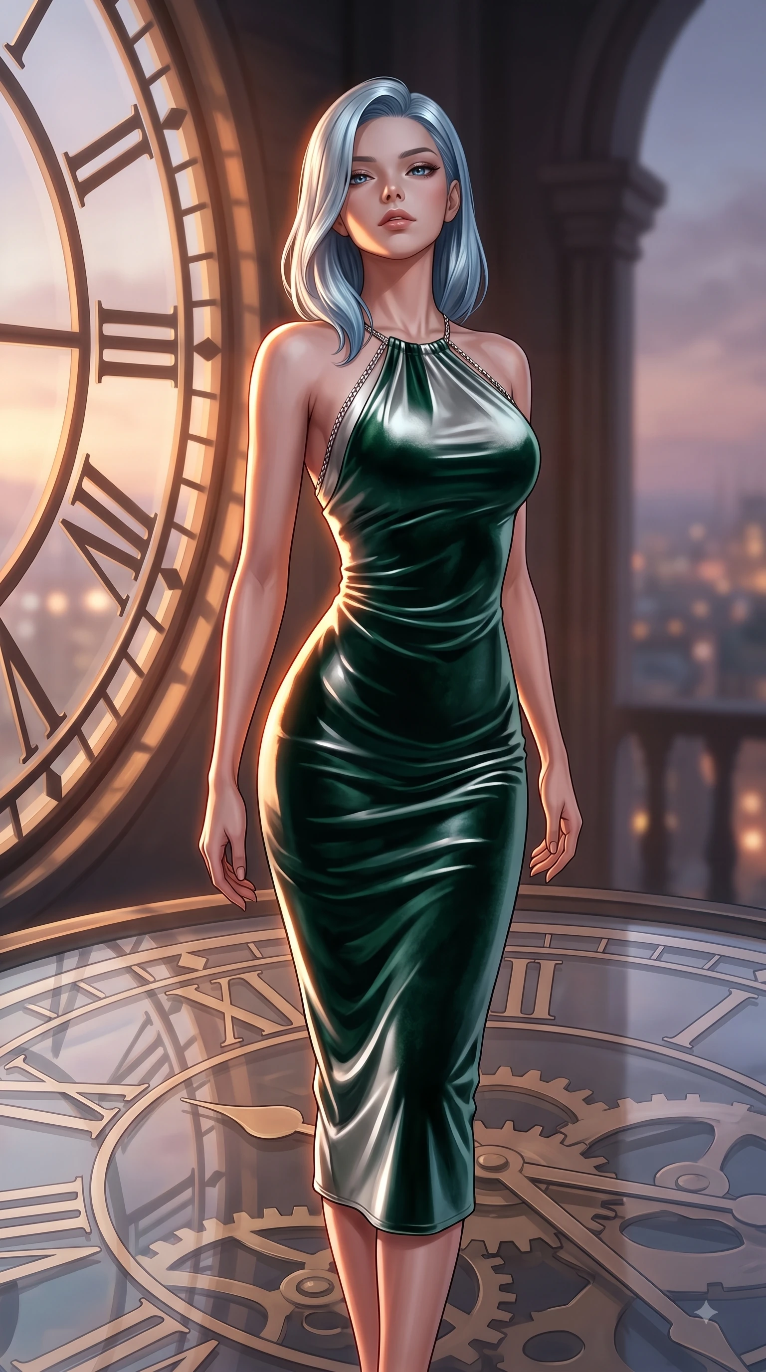 score_9, masterpiece, best quality, ultra-detailed, high-budget anime keyframe, editorial fashion photography, tasteful artistic composition, Korean woman. close-up cowboy shot from the waist and thighs up, the character dominates the composition, filling the frame with her large presence, background elements kept in soft focus. Tilting her chin up with composed magnetism as dramatic side lighting traces her sculpted waist and hip contour while standing atop a giant translucent Roman numeral clock dial in a high tower at dusk, dramatic twilight amber light streaming through the giant clock window in bold beams. She has an exceptionally elegant, slender, and willowy female figure with an ultra-slim waist, a gracefully sculpted slender torso, and a refined silhouette. sharp v-shaped jawline, high-bridge nose, intricate jewel-like eyes with depth, thick eyelashes, glossy lips with a natural sheen, flawlessly proportioned anatomical accuracy, natural body alignment, perfectly sculpted elegant limbs, clean dynamic posture without body distortion. wearing a velvet halter-neck midi dress following her form like a glove in deep emerald green and silver accent, crafted from lustrous satin jersey with fluid draping, adorned with delicate metallic chain straps along the neckline, the elegant draped fit framing her graceful clavicle and slender torso. surrounded by warm hearth light and dramatic bronze rim highlights. ultra-reflective glossy finish, specular highlights, metallic sheen, high-contrast stereoscopic depth, volumetric dynamic lighting, 2k, ultra detail, master piece, 9:16 ratio