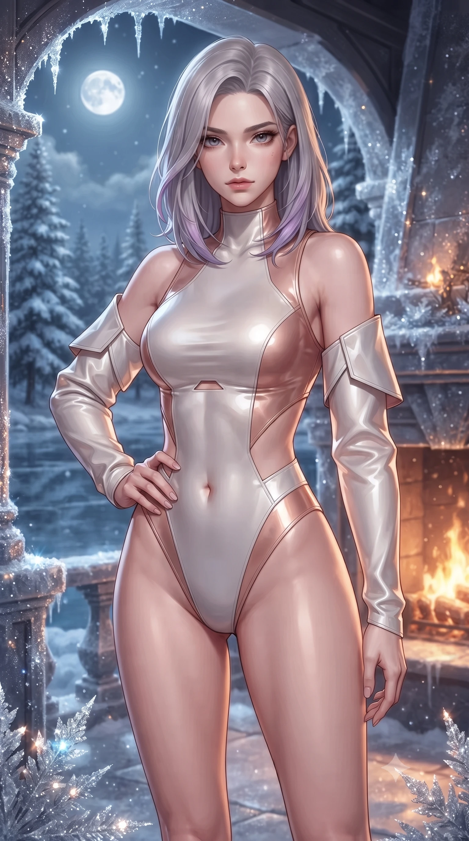 score_9, masterpiece, best quality, ultra-detailed, high-budget anime keyframe, editorial fashion photography, tasteful artistic composition, Caucasian woman. close-up cowboy shot from the waist and thighs up, the character dominates the composition, filling the frame with her large presence, background elements kept in soft focus. Holding a confident power pose with one hand on her hip, gazing directly into the camera with quiet intensity gliding over a frozen mirror lake surrounded by snow-covered pine trees under a full moon, glistening frost crystals on architecture scattering silver and sapphire light. She has an exceptionally elegant, slender, and willowy female figure with an ultra-slim waist, a gracefully sculpted slender torso, and a refined silhouette. sharp v-shaped jawline, high-bridge nose, intricate jewel-like eyes with depth, thick eyelashes, glossy lips with a natural sheen. wearing an asymmetrical high-cut tech-bodysuit with detached sleeves in pearl white and rose gold, tailored from high-gloss patent leather, featuring subtle geometric cutouts that highlight her ultra-slim midriff, the form-contouring material highlighting her ultra-slim waist and long lines. illuminated by warm golden hearth fire contrasting against icy silver highlights. highly saturated vibrant anime colors, detailed shading with soft gradients, rich glossy textures, high-contrast stereoscopic depth, volumetric dynamic lighting, master piece, 9:16 ratio