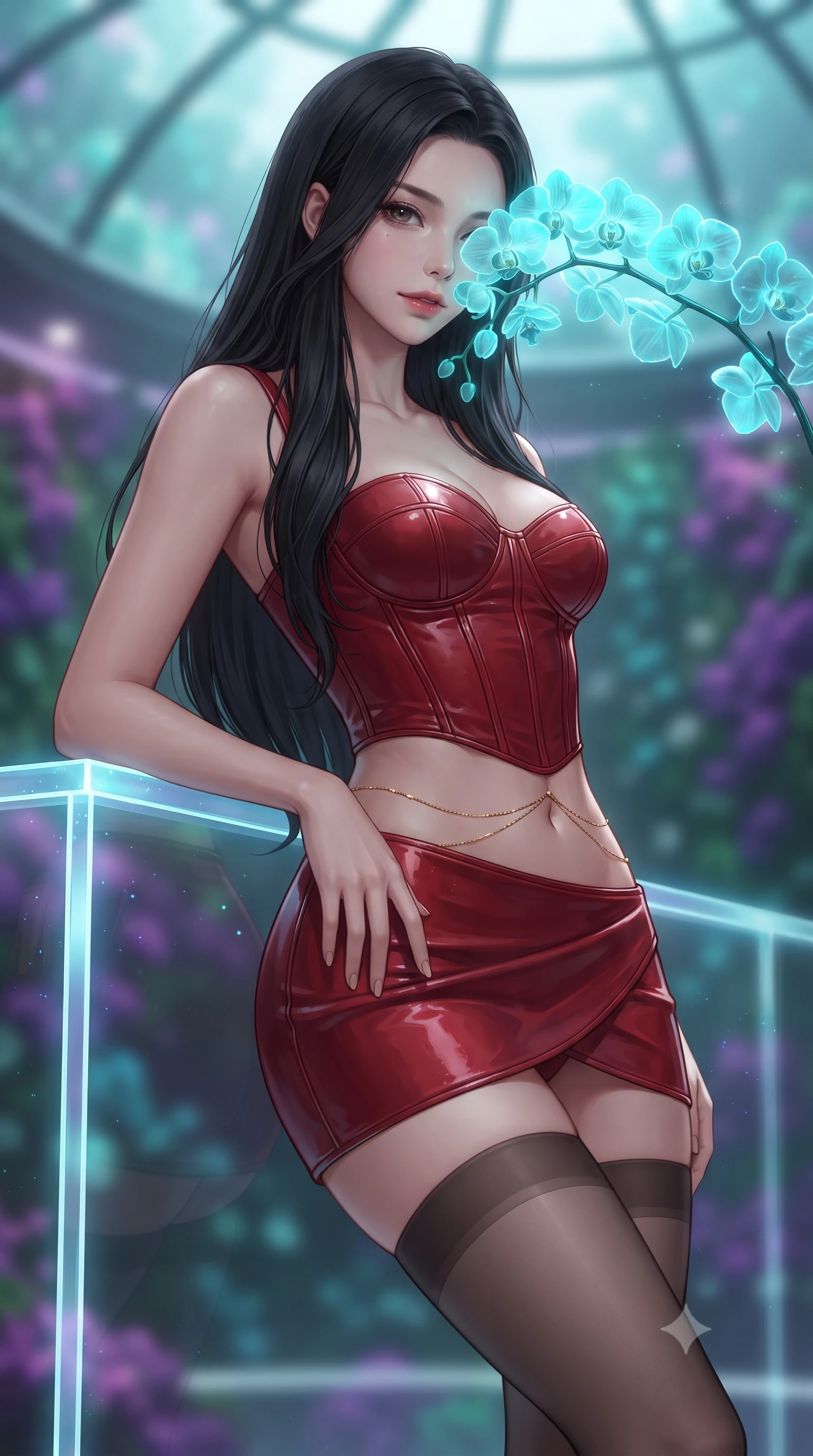 score_9, masterpiece, best quality, ultra-detailed, high-budget anime keyframe, editorial fashion photography, tasteful artistic composition, Korean woman. close-up cowboy shot from the waist and thighs up, the character dominates the composition, filling the frame with her large presence. tilting her head with a teasing half-smile, running one hand slowly down the side of her hip in a flirtatious S-curve as ambient light caresses her silhouette while leaning against the illuminated acrylic balustrade with hips cocked back, looking through glowing genetically-engineered orchids with a smoldering smile. The background shows a soft-focus glowing neon-cyan orchids, pulsating ultraviolet moss walls, and soaring curved glass dome above blurred into teal, amethyst, and platinum bokeh. She has an exceptionally elegant, slender, and willowy female figure with an ultra-slim waist, flat toned midriff, narrow ribcage, and sculpted feminine hips creating an alluring, slim hourglass silhouette without bulk. sharp v-shaped jawline, high-bridge nose, sparkling eyes with hypnotic seductive depth, thick curled eyelashes, glossy parted lips with a natural dewy peach sheen, alluring bedroom-eyes with an enchanting coquettish smile, exuding magnetic siren charisma and sophisticated glamour, flawlessly proportioned anatomical accuracy, strict slender model proportions, natural body alignment, perfectly sculpted long slender limbs, ultra-slim waistline, clean dynamic posture without body distortion. wearing a structured boned leatherette corset bodice paired with an ultra-short micro-wrap mini skirt and sheer thigh-high stockings in rich cherry lacquer and smoky charcoal, woven from buttery-soft stretch lambskin leather adhering to her body like a second skin, accented with a dainty gold belly chain resting across her flat midriff and curving hips, the second-skin tailored fabric adhering flawlessly to her sculpted flat midriff and slender torso, emphasizing her long leg lines and perfectly proportioned willowy build. illuminated by acrylic catwalk reflection fill and sharp electric-cyan rim lights defining her delicate clavicles, ultra-slim waist, and curvy hips. ultra-reflective glossy finish, specular highlights, rich textural contrasts, high-contrast stereoscopic depth, volumetric dynamic lighting, 2k, ultra detail, master piece, 9:16 ratio