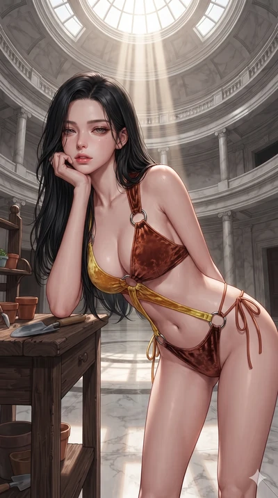 Korean woman. resting one elbow on the potting bench and supporting her chin, leaning close to the camera with heavy-lidded sparkling eyes and parted lips while standing in the center of the circular marble rotunda beneath the soaring dome skylight, arching her spine with breathless statuesque poise. The surrounding environment is rendered in...