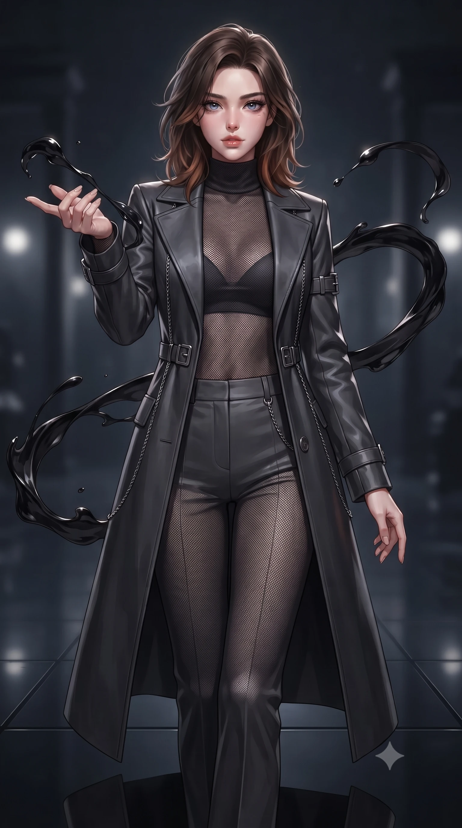 score_9, masterpiece, best quality, ultra-detailed, high-budget anime keyframe, editorial fashion photography, tasteful artistic composition, Korean woman. close-up cowboy shot from the waist and thighs up, the character dominates the composition, filling the frame with her large presence, background elements kept in soft focus. Reaching one hand toward the viewer with relaxed dark elegance, guiding viscous black paint ribbons hovering gracefully around her silhouette, dark reflective glass floor mirroring her vertical pose in deep shadows. She has an exceptionally elegant, slender, and willowy female figure with an ultra-slim waist, a gracefully sculpted slender torso, and a refined silhouette. sharp v-shaped jawline, high-bridge nose, intricate jewel-like eyes with depth, thick eyelashes, glossy lips with a natural sheen. wearing structured dark leather long coat over turtleneck and tailored slacks in dark charcoal gray, made of fine dark contouring mesh, framed by dark titanium buckles and silver chain details, contouring every curve with an exceptionally elegant silhouette. surrounded by a dramatic dark glossy aura with sharp edge lighting. ultra-reflective glossy finish, specular highlights, metallic sheen, high-contrast stereoscopic depth, volumetric dynamic lighting, 2k, ultra detail, master piece, 9:16 ratio