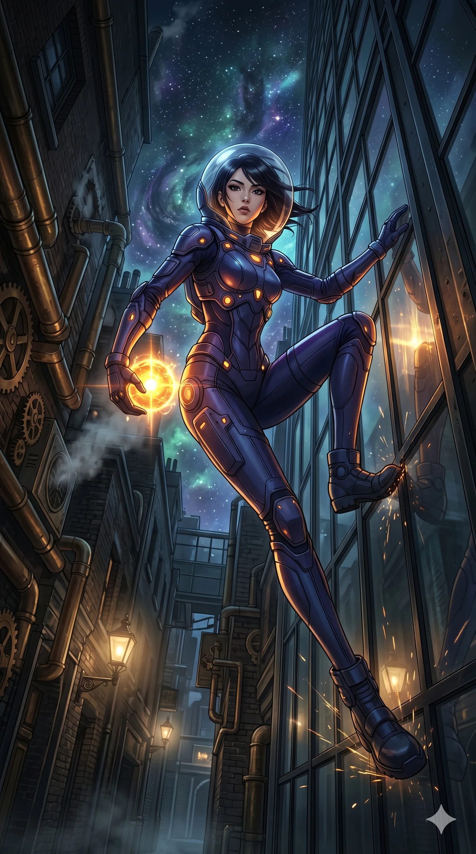 score_9, masterpiece, best quality, ultra-detailed, Set A: High-budget Anime Keyframe, Korean woman. Low angle cowboy shot filling the entire 9:16 frame with her statuesque presence. Theme: Primal Nature. sliding down a glass skyscraper in a steampunk London alleyway, holding a glowing core that hums with the power of 112 suns. The atmosphere is filled with a swirling vortex of stars. She has an absolutely perfect 8-heads proportion, an exceptionally tall and slender female figure with impossibly long slender legs and an ultra-slim waist. Sharp v-shaped jawline, high-bridge nose, intricate jewel-like eyes with depth, glossy lips. Wearing Deep-space explorer suit with transparent helmet-hood and glowing bio-sensors. Cinematic lighting, vivid colors, dramatic shadows, 2k, ultra detail, master piece, 9:16 ratio