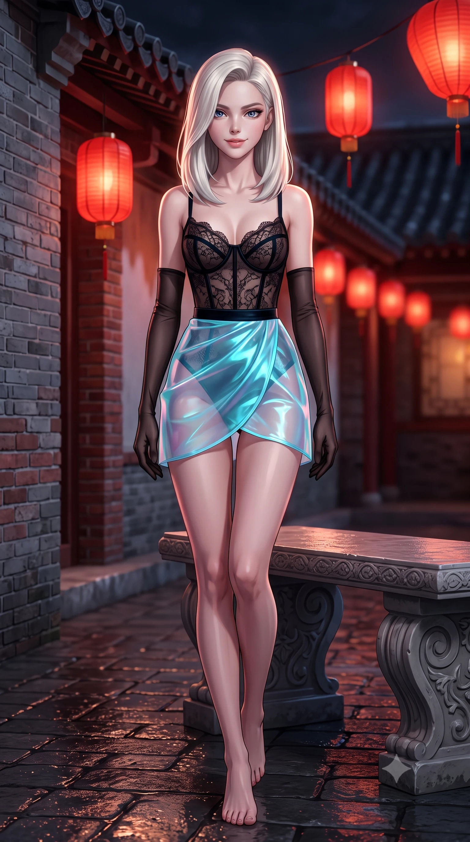 score_9, masterpiece, best quality, ultra-detailed, high-budget anime keyframe, semi-realistic 3D game render, editorial fashion photography, tasteful artistic composition, Caucasian woman. low angle full-body shot from head to toe showing her feet, filling the entire 9:16 vertical frame with her statuesque presence, stretching her vertical silhouette. walking along the terrace with poise, looking back over her bare shoulder with an irresistible smoldering bedroom-gaze while sitting gracefully on the carved stone bench with legs crossed, flashing a radiant, flirtatious smile toward the lens. The background shows a soft-focus red silk lanterns casting crimson glows on historic grey and red brickwork, wet cobblestone reflections, and dark tiled eaves blurred into vermilion, amber, and charcoal bokeh. She has an exceptionally tall and slender model-like 8.5-heads proportion, an ultra-slim waist, a flat toned midriff, narrow delicate ribcage, and beautifully sculpted feminine hips creating a graceful, slim hourglass silhouette without any bulky heaviness, with impossibly long slender legs. sharp v-shaped jawline, high-bridge nose, intricate jewel-like sparkling eyes with depth, thick eyelashes, glossy parted lips with a natural peach sheen, bright cheerful beaming smile with an enchanting and coquettish sensual glint, exuding both youthful cute charm and seductive allure, flawlessly proportioned anatomical accuracy, strict slender model proportions, natural body alignment, perfectly sculpted long slender limbs, ultra-slim waistline, clean dynamic posture without body distortion. wearing a sculpted underwire bustier in sheer noir lace with velvet piping paired with an ultra-short draped tulip skirt in Neo-Carthage holographic cyan and solar chrome, crafted from translucent silk organza with an ethereal crystalline sheen, complemented by sheer opera-length evening gloves tracing her slender arms, the high-slit wrap tailoring accentuating her ultra-slim waistline and the enchanting curve of her feminine hips with alluring seductive charm. illuminated by wet ground specular highlights and sharp rose-gold rim lights sculpting her jawline, flat midriff, and curvy hips. highly saturated vibrant anime colors, detailed shading with soft gradients, rich glossy textures, high-contrast stereoscopic depth, volumetric dynamic lighting, master piece, 9:16 ratio