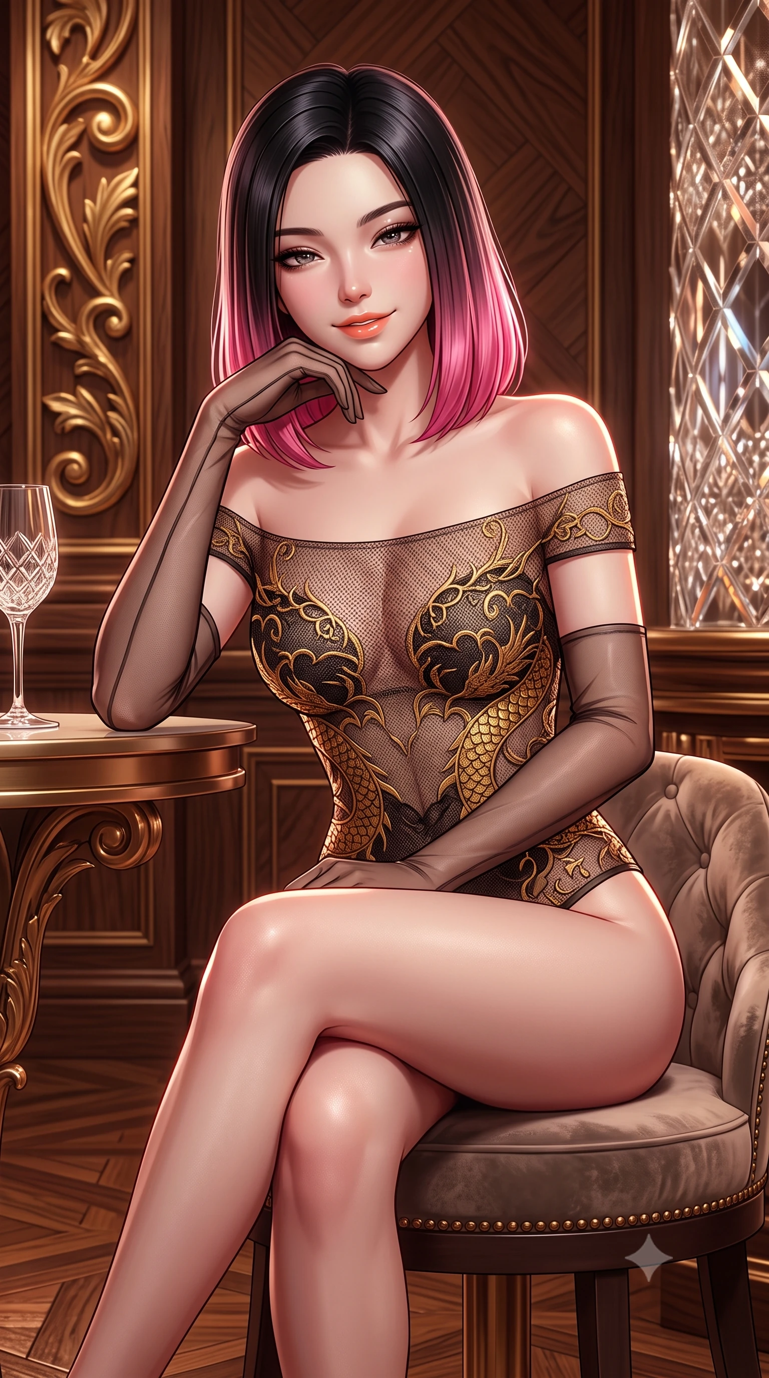 score_9, masterpiece, best quality, ultra-detailed, high-budget anime keyframe, semi-realistic 3D game render, editorial fashion photography, tasteful artistic composition, Korean woman. close-up cowboy shot from the waist and thighs up, the character dominates the composition, filling the frame with her large presence. resting one elbow on the table and supporting her chin, leaning close to the camera with heavy-lidded sparkling eyes and parted lips while sitting gracefully on the velvet-tufted barstool with legs crossed, flashing an enchanting, flirtatious smile toward the lens. The surrounding environment is rendered in vivid detail and crisp panoramic clarity: sharp carved teak parquet wood grain, gilded acanthus scrollwork, and diamond-cut crystal glass facets in deep focus. She has an exceptionally elegant, slender, and willowy female figure with an ultra-slim waist, flat toned midriff, narrow ribcage, and sculpted feminine hips creating an alluring, slim hourglass silhouette without bulk. sharp v-shaped jawline, high-bridge nose, intricate jewel-like sparkling eyes with depth, thick eyelashes, glossy parted lips with a natural peach sheen, bright cheerful beaming smile with an enchanting and coquettish sensual glint, exuding both youthful cute charm and seductive allure, flawlessly proportioned anatomical accuracy, strict slender model proportions, natural body alignment, perfectly sculpted long slender limbs, ultra-slim waistline, clean dynamic posture without body distortion. wearing an off-the-shoulder sheer illusion mesh evening bodysuit with gold dragon-scale embroidery contouring her hourglass waist in Hakone steaming sulfur amber and volcanic basalt black, made of delicate embroidered tulle lace with intricate floral motifs and soft transparency, complemented by sheer opera-length evening gloves tracing her slender arms, the second-skin tailored fabric adhering flawlessly to her sculpted flat midriff and slender torso, emphasizing her long leg lines and perfectly proportioned willowy build. illuminated by polished floor specular bounce and sharp rose-gold rim lights defining her dewy collarbones, ultra-slim waist, and curvy hips. highly saturated vibrant anime colors, detailed shading with soft gradients, rich glossy textures, high-contrast stereoscopic depth, volumetric dynamic lighting, master piece, 9:16 ratio