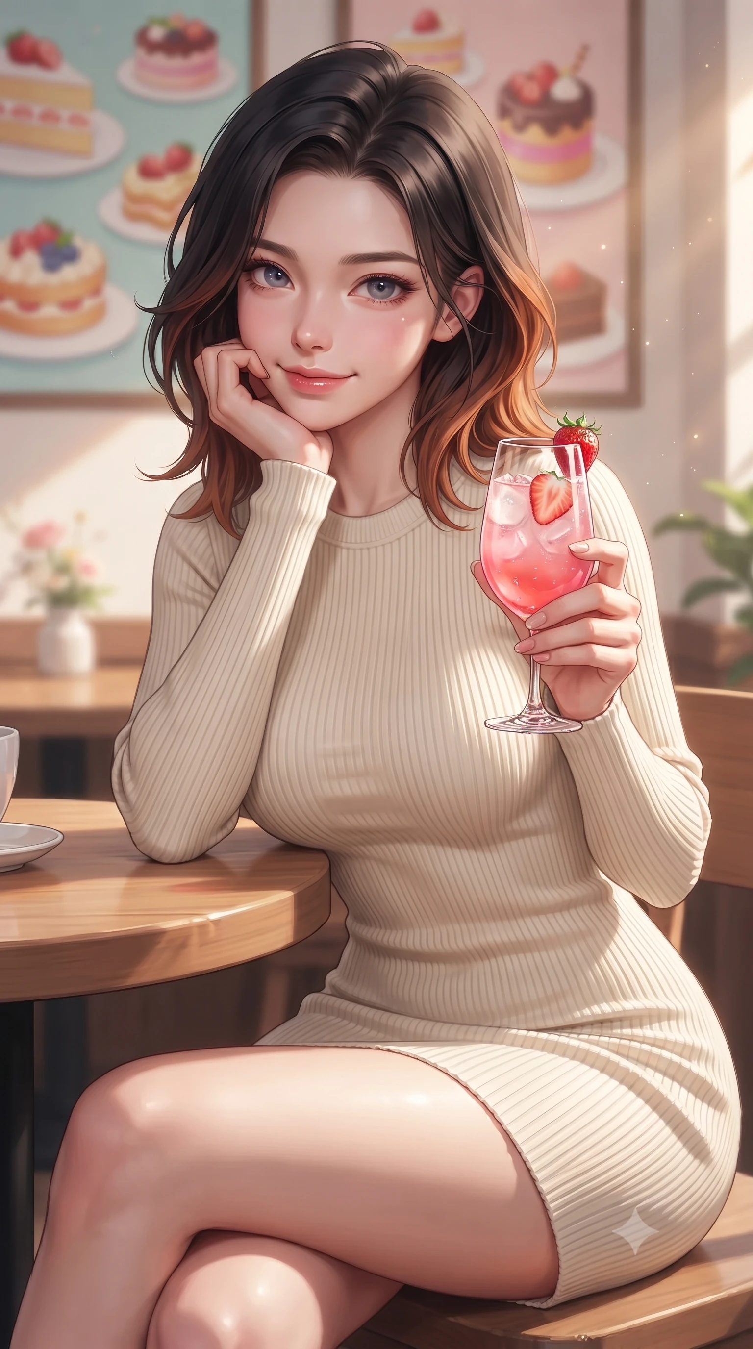 score_9, masterpiece, best quality, ultra-detailed, high-budget anime keyframe, editorial fashion photography, tasteful artistic composition, Korean woman. close-up cowboy shot from the waist and thighs up, the character dominates the composition, filling the frame with her large presence, background elements kept in soft focus. smiling cutely while resting her chin on her hand, looking directly into the lens set against a soft-focus background of in a cozy dessert cafe corner decorated with colorful cake paintings holding a glass of pink lemonade with a playful, cute smile. She has an exceptionally elegant, slender, and willowy female figure with an ultra-slim waist, a gracefully sculpted slender torso, and a refined silhouette. sharp v-shaped jawline, high-bridge nose, intricate jewel-like eyes with depth, thick eyelashes, glossy lips with a natural sheen. wearing body-hugging form-fitting ribbed knit dress in cream, contouring her slender silhouette. crisp morning sun rays creating a fresh and energetic breakfast atmosphere. ultra-reflective glossy finish, specular highlights, metallic sheen, high-contrast stereoscopic depth, volumetric dynamic lighting, 2k, ultra detail, master piece, 9:16 ratio