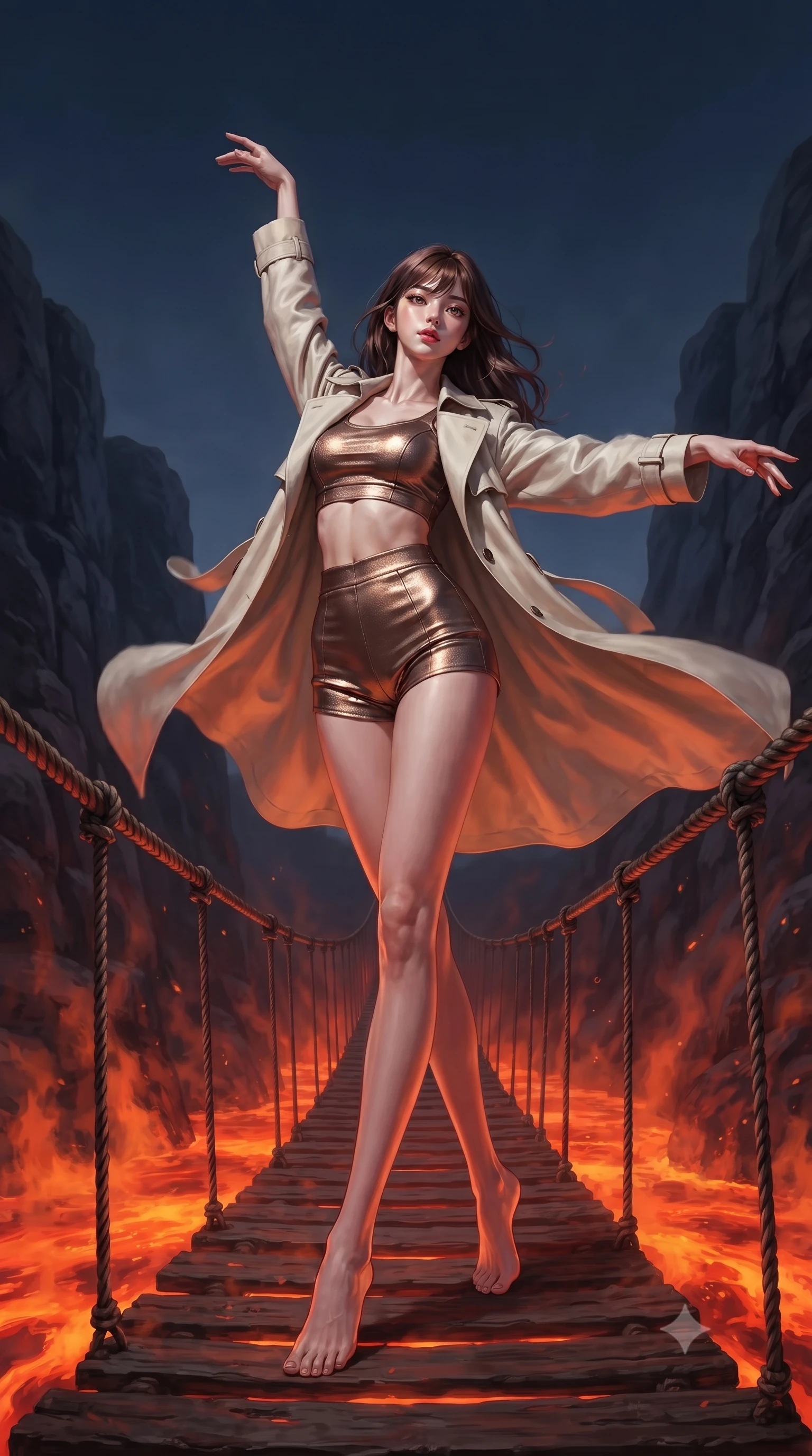 score_9, masterpiece, best quality, ultra-detailed, high-budget anime keyframe, editorial fashion photography, tasteful artistic composition, Korean woman. low angle full-body shot from head to toe showing her feet, filling the entire 9:16 vertical frame with her statuesque presence, stretching her vertical silhouette. twirling with balletic elegance inside crossing a narrow swaying suspension bridge over a river of glowing orange-red lava with heat distortion rising in waves basalt cliffs on either side and the molten rock flowing sluggishly below like a river of fire. She has a statuesque 8.5-heads proportion, an exceptionally tall, slender and willowy model-like build with impossibly long legs and a highly sculpted ultra-slim waist. sharp v-shaped jawline, high-bridge nose, intricate jewel-like eyes with depth, thick eyelashes, glossy lips with a natural sheen. wearing a metallic bronze crop top paired with high-waisted matching micro-shorts, under a flowing cream trench coat. intense orange-red underlighting from the lava river below casting dramatic upward shadows with heat distortion creating wavering light effects and cool dark sky above for contrast. 2k, ultra detail, master piece, 9:16 ratio
