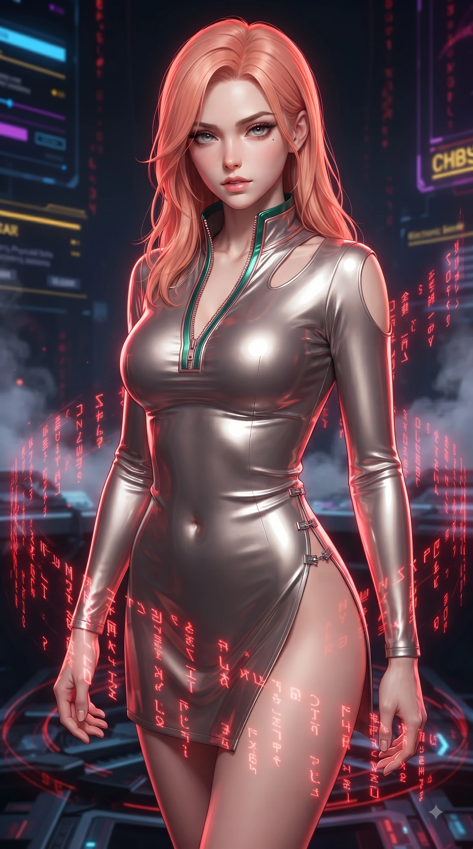 score_9, masterpiece, best quality, ultra-detailed, high-budget anime keyframe, editorial fashion photography, tasteful artistic composition, Japanese woman. close-up cowboy shot from the waist and thighs up, the character dominates the composition, filling the frame with her large presence. casting a slow, smoldering gaze beneath heavy lashes with parted glossy lips, her head slightly tilted in captivating self-assurance while stepping down from a high-tech circuit dais as glowing red matrix glyphs cascade around her. The composition keeps background elements in soft focus with creamy bokeh. glowing neon indicators and electronic smoke blurring into a dramatic dark backdrop. She has an exceptionally elegant, slender, and willowy female figure with an ultra-slim waist, a gracefully sculpted slender torso, and a refined silhouette. sharp v-shaped jawline, high-bridge nose, intricate jewel-like eyes with depth, thick eyelashes, glossy lips with a natural sheen, flawlessly proportioned anatomical accuracy, natural body alignment, perfectly sculpted elegant limbs, clean dynamic posture without body distortion. wearing a form-fitting top made of molten liquid-mercury fabric that clings to her curves, with strategic tear-drop shoulder cutouts and a dangerously unzipped front collar in emerald green and metallic rose gold trim, made of liquid metal jersey that clings flawlessly to every contour of her build, finished with an ultra-high side slit secured by miniature magnetic clasps, the glove-like fit tightly following every curve of her statuesque athletic build. bathed in bright white studio flash light and sharp crimson rim lighting outlining her silhouette. ultra-reflective glossy finish, specular highlights, metallic sheen, high-contrast stereoscopic depth, volumetric dynamic lighting, 2k, ultra detail, master piece, 9:16 ratio