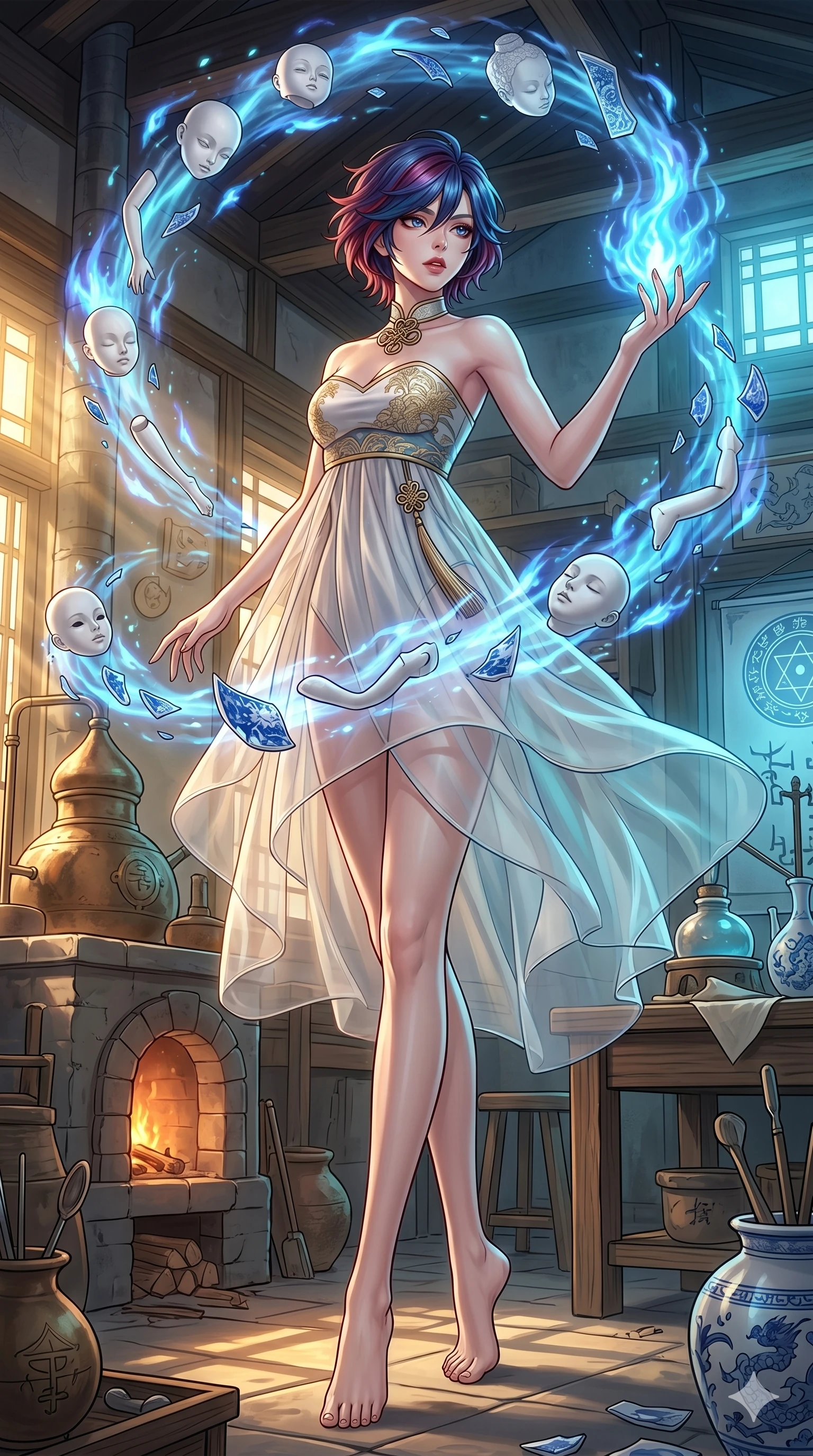 score_9, masterpiece, best quality, ultra-detailed, high-budget anime keyframe, Japanese woman. low angle full-body shot filling the entire 9:16 frame with her statuesque presence, stretching the vertical silhouette. assisting in an alchemical porcelain workshop where floating white bisque doll parts and blue porcelain shards swirl amidst blue alchemical flames. She has an absolutely perfect 8-heads proportion, an exceptionally tall and slender female figure with impossibly long slender legs and an ultra-slim waist. V-shaped jawline, high-bridge nose, intricate jewel-like eyes with depth, thick eyelashes, glossy lips with a natural sheen.. wearing a modern fusion silk hanbok dress, featuring a silk bustier top, layered sheer organza skirts, and a traditional knot choker. showcasing a beautiful play of light and shadow, with warm golden rays clashing against cool cyan highlights. 2k, ultra detail, master piece, 9:16 ratio