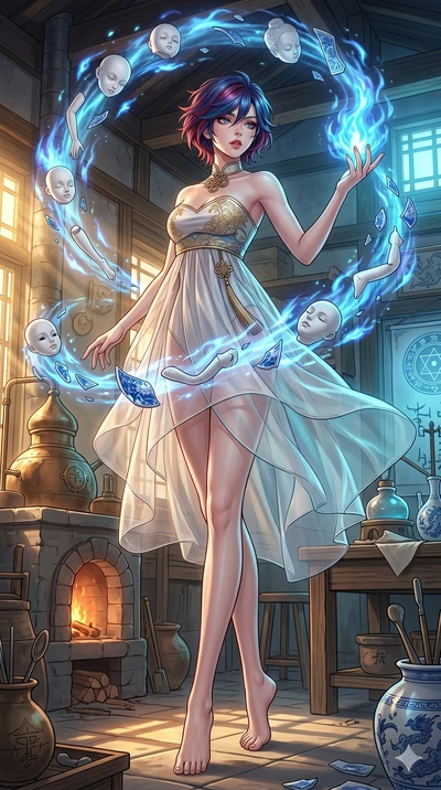 score_9, masterpiece, best quality, ultra-detailed, high-budget anime keyframe, Japanese woman. low angle full-body shot filling the entire 9:16 frame with her statuesque presence, stretching the vertical silhouette. assisting in an alchemical porcel