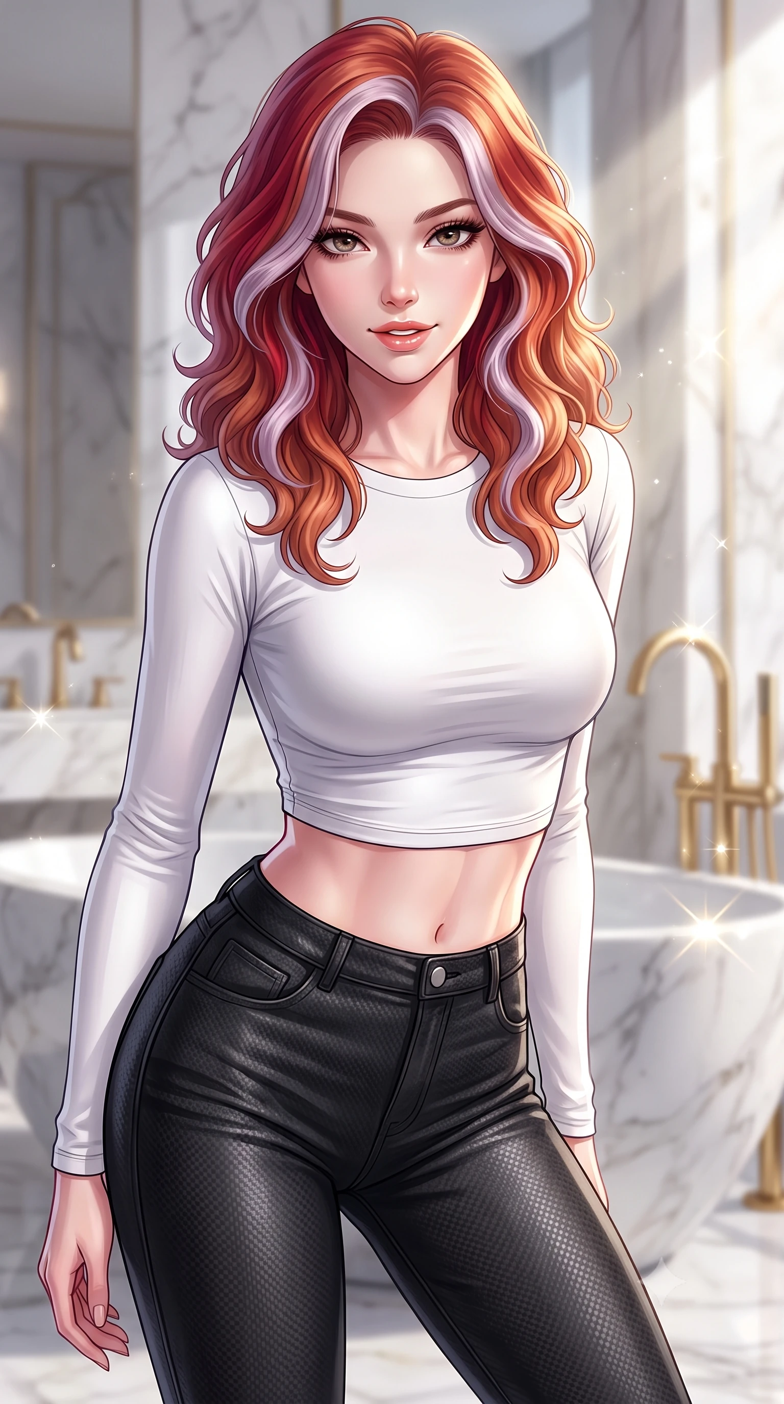 score_9, masterpiece, best quality, ultra-detailed, high-budget anime keyframe, editorial fashion photography, tasteful artistic composition, Caucasian woman. close-up cowboy shot from the waist and thighs up, the character dominates the composition, filling the frame with her large presence, background elements kept in soft focus. leaning slightly forward with a playful, teasing smile, her gaze locked onto the viewer with lips parted in a composed pose, the background shows a soft-focus a suite bedroom with marble bath vanity and gold plumbing fixtures. She has an exceptionally elegant, slender, and willowy female figure with an ultra-slim waist, a gracefully sculpted slender torso, and a refined silhouette. sharp v-shaped jawline, high-bridge nose, intricate jewel-like eyes with depth, thick eyelashes, glossy lips with a natural sheen. wearing a slim-fit body-hugging long-sleeve tactical crop top in pure white, paired with high-waisted black carbon-weave skinny pants. bright morning sun rays creating sparkling glints on the marble and gold. highly saturated vibrant anime colors, detailed shading with soft gradients, rich glossy textures, high-contrast stereoscopic depth, volumetric dynamic lighting, master piece, 9:16 ratio