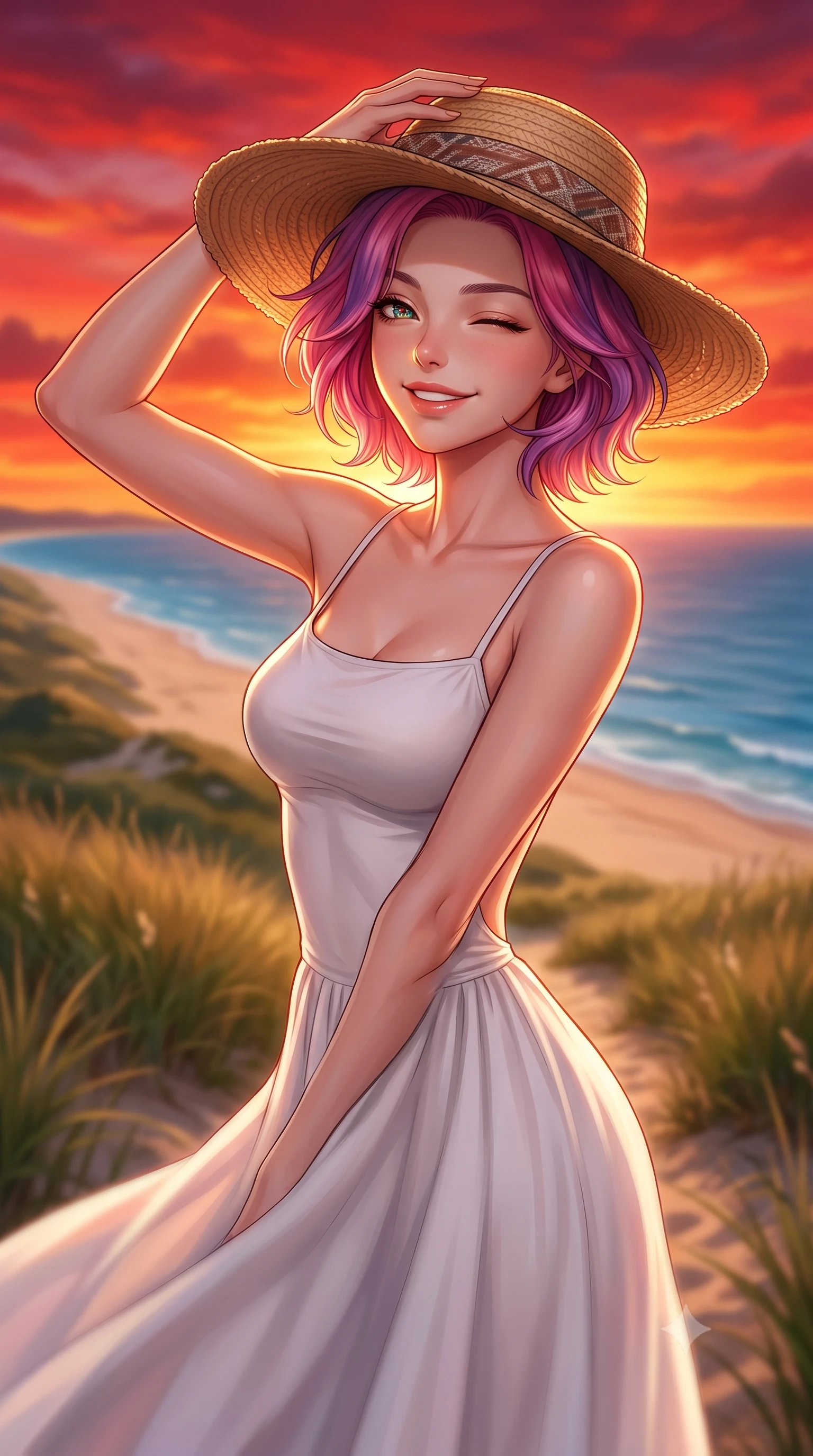 score_9, masterpiece, best quality, ultra-detailed, high-budget anime keyframe, editorial fashion photography, tasteful artistic composition, Caucasian woman. close-up cowboy shot from the waist and thighs up, the character dominates the composition, filling the frame with her large presence, background elements kept in soft focus. smiling happily with closed eyes, enjoying the warm sunbeams on her face set against a soft-focus background of on a grassy dune path overlooking a wide sandy beach and blue water holding a wide-brimmed straw hat to her head with a playful wink. She has an exceptionally elegant, slender, and willowy female figure with an ultra-slim waist, a gracefully sculpted slender torso, and a refined silhouette. sharp v-shaped jawline, high-bridge nose, intricate jewel-like eyes with depth, thick eyelashes, glossy lips with a natural sheen. wearing body-hugging backless cotton sundress in white, featuring delicate straps and a long flowing skirt. the dramatic red and orange sunset sky casting a majestic rim light on her. highly saturated vibrant anime colors, detailed shading with soft gradients, rich glossy textures, high-contrast stereoscopic depth, volumetric dynamic lighting, master piece, 9:16 ratio