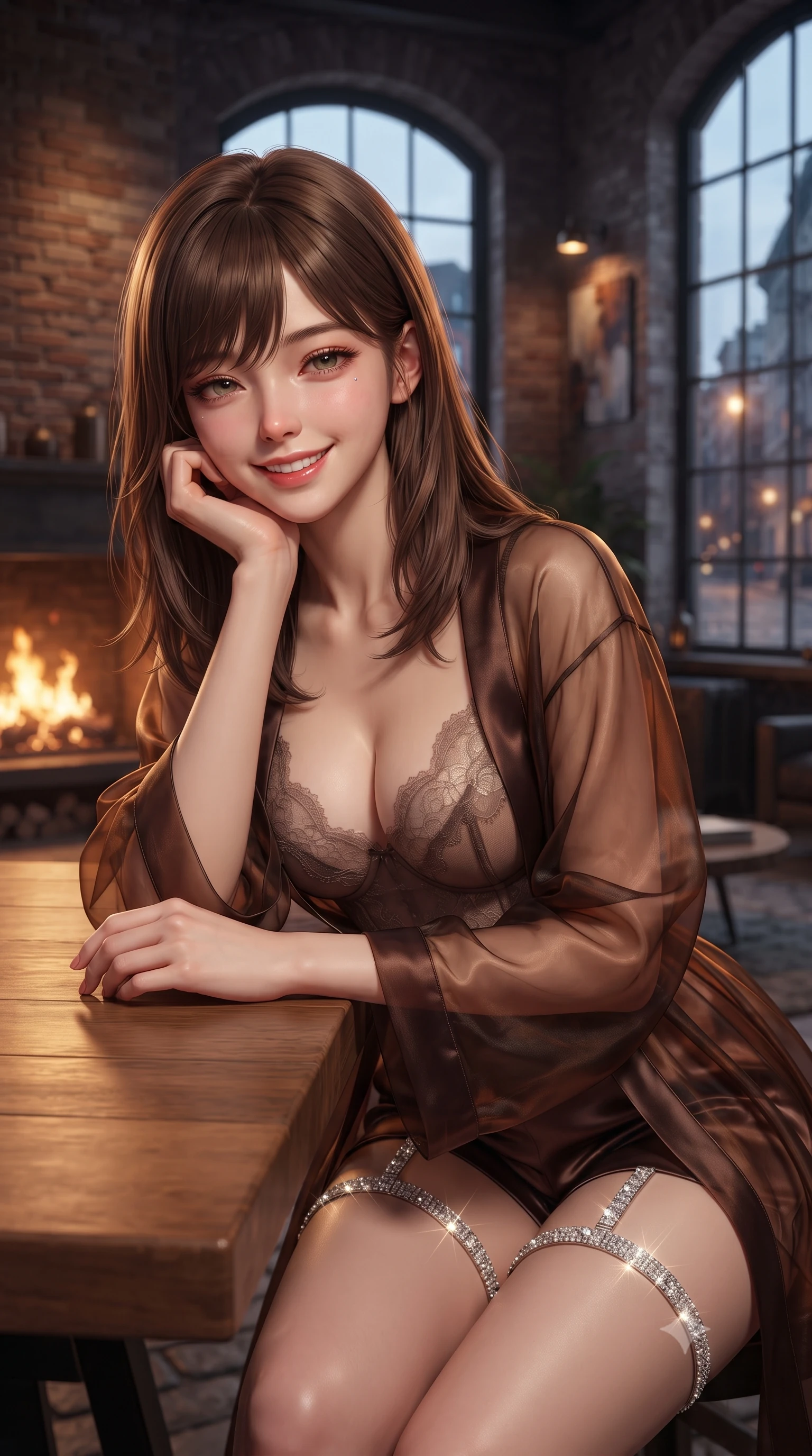 score_9, masterpiece, best quality, ultra-detailed, high-budget anime keyframe, editorial fashion photography, tasteful artistic composition, Korean woman. close-up cowboy shot from the waist and thighs up, the character dominates the composition, filling the frame with her large presence. resting one elbow on the table and supporting her chin, leaning close to the camera with heavy-lidded sparkling eyes and parted lips while twisting her slender torso in an alluring S-curve beside the tall arched factory sash windows, cobblestone streetlights tracing her narrow waist and hips. The background shows a soft-focus flickering flames in the massive reclaimed brick fireplace, historic Tribeca cobblestone streets through arched windows, and contemporary canvas art blurred into copper, amber, and espresso bokeh. She has an exceptionally elegant, slender, and willowy female figure with an ultra-slim waist, flat toned midriff, narrow ribcage, and sculpted feminine hips creating an alluring, slim hourglass silhouette without bulk. sharp v-shaped jawline, high-bridge nose, intricate jewel-like sparkling eyes with depth, thick eyelashes, glossy parted lips with a natural peach sheen, bright cheerful beaming smile with an enchanting and coquettish sensual glint, exuding both youthful cute charm and seductive allure, flawlessly proportioned anatomical accuracy, strict slender model proportions, natural body alignment, perfectly sculpted long slender limbs, ultra-slim waistline, clean dynamic posture without body distortion. wearing a delicate translucent silk organza wrap robe worn loose over a sheer lace demi-bustier and satin tap pants in Hannam-dong glowing amber and rich dark espresso, tailored from ultra-plush silk velvet with rich tactile depth and deep shadow gradients, finished with delicate crystal-encrusted thigh garter straps glinting in the dim light, the precision-cut side openings and low-back scoop framing her graceful spine and the sensual sweep of her slim, toned hips. bathed in the warm dancing 2200K hearth firelight and soft architectural track spot illumination. ultra-reflective glossy finish, specular highlights, rich textural contrasts, high-contrast stereoscopic depth, volumetric dynamic lighting, 2k, ultra detail, master piece, 9:16 ratio