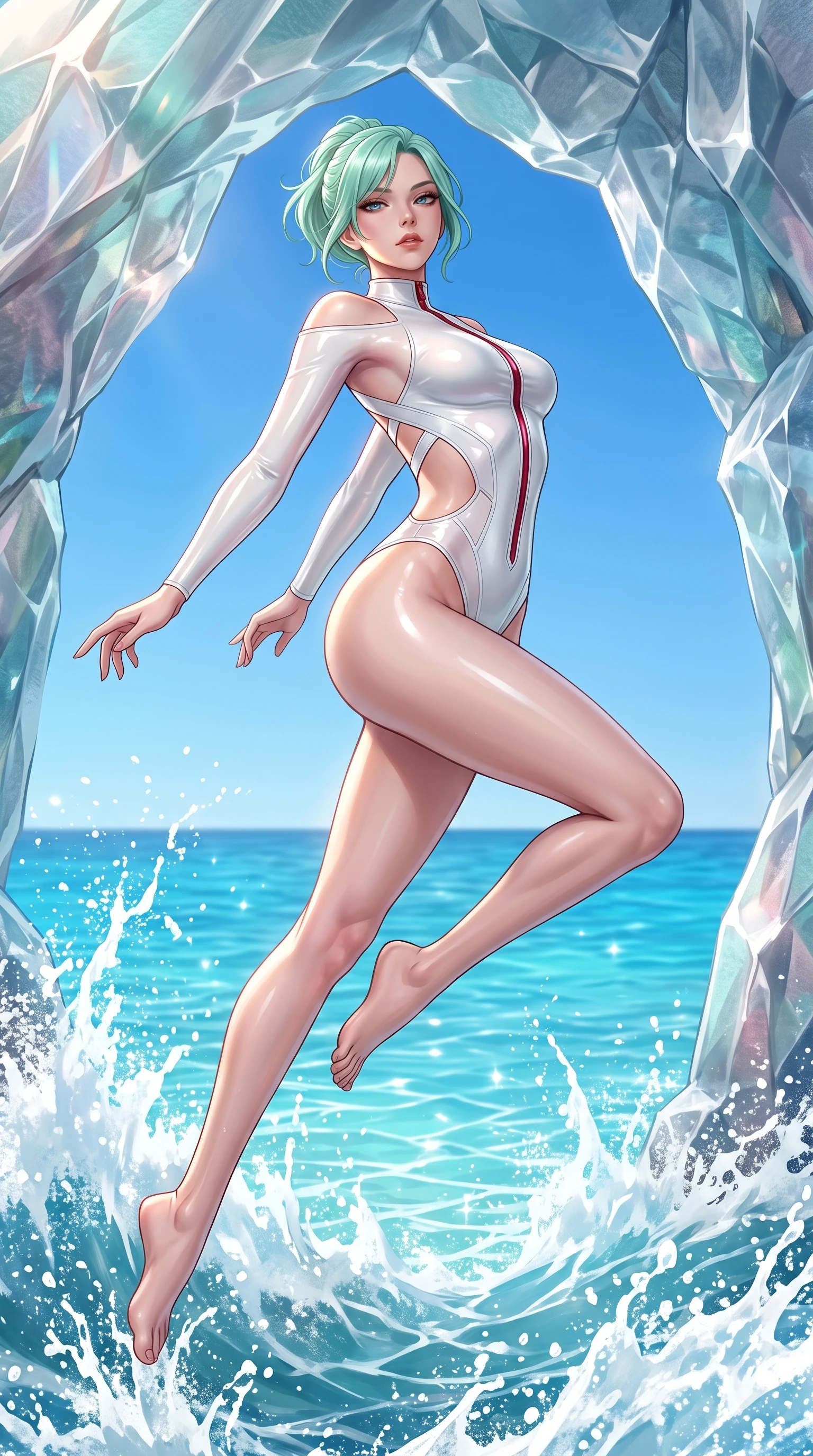 score_9, masterpiece, best quality, ultra-detailed, high-budget anime keyframe, semi-realistic 3D game render, editorial fashion photography, tasteful artistic composition, Japanese woman. low angle full-body shot from head to toe showing her feet, filling the entire 9:16 vertical frame with her statuesque presence, stretching her vertical silhouette. performing an alluring mid-air vault with flawless poise, looking directly into the camera with smoldering intensity while arching her back in a fluid motion beneath a translucent crystal sea arch with the sparkling lagoon stretching behind. The surrounding environment is rendered in vivid detail and crisp panoramic clarity. sharp splashing sea foam crests, translucent crystal rock facets, and clear azure sky in panoramic clarity. She has an absolutely perfect, statuesque 8.5-heads proportion, an exceptionally tall and slender model-like female figure with impossibly long slender legs, a toned flat midriff, and an ultra-slim waist. sharp v-shaped jawline, high-bridge nose, intricate jewel-like eyes with depth, thick eyelashes, glossy lips with a natural sheen, flawlessly proportioned anatomical accuracy, strict slender model proportions, natural body alignment, perfectly sculpted long slender limbs, ultra-slim waistline, clean dynamic posture without body distortion. wearing a glossy white second-skin latex bodysuit with high-thigh cuts, exposed clavicle neckline, and gleaming zipper details in radiant crimson silk and crisp snow white, crafted from ultra-reflective second-skin latex with a high-gloss glass-like polish, complemented by criss-cross back straps highlighting her completely bare spine, the precision-cut daring openings accentuating her delicate midriff, graceful bare collarbones, and ultra-slim feminine waistline. surrounded by a fresh, sun-soaked, and breathtakingly sensual tropical paradise ambiance. highly saturated vibrant anime colors, detailed shading with soft gradients, rich glossy textures, high-contrast stereoscopic depth, volumetric dynamic lighting, master piece, 9:16 ratio