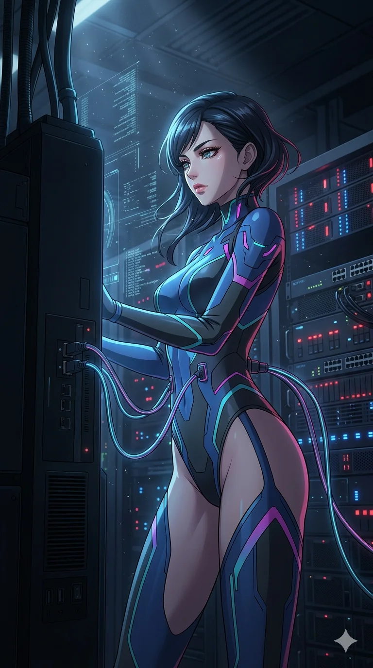 score_9, masterpiece, best quality, ultra-detailed, high-budget anime keyframe, an incredibly beautiful Japanese woman. Dynamic low angle cowboy shot filling the entire 9:16 frame with her statuesque presence. She is a hacker interfacing with a central mainframe. Her figure boasts an absolutely perfect 8-heads proportion, an exceptionally tall and slender build emphasizing a delicate skinny aesthetic. Her face is a highly detailed masterpiece featuring a sharp v-shaped jawline, high-bridge nose, intricate jewel-like eyes, thick eyelashes, and glossy lips. She is wearing a high-cut neon cyberpunk bodysuit with glowing cables attached. A dark server room lit by blinking red and blue LEDs, cinematic shadows., 2k, ultra detail, master piece, 9:16 ratio