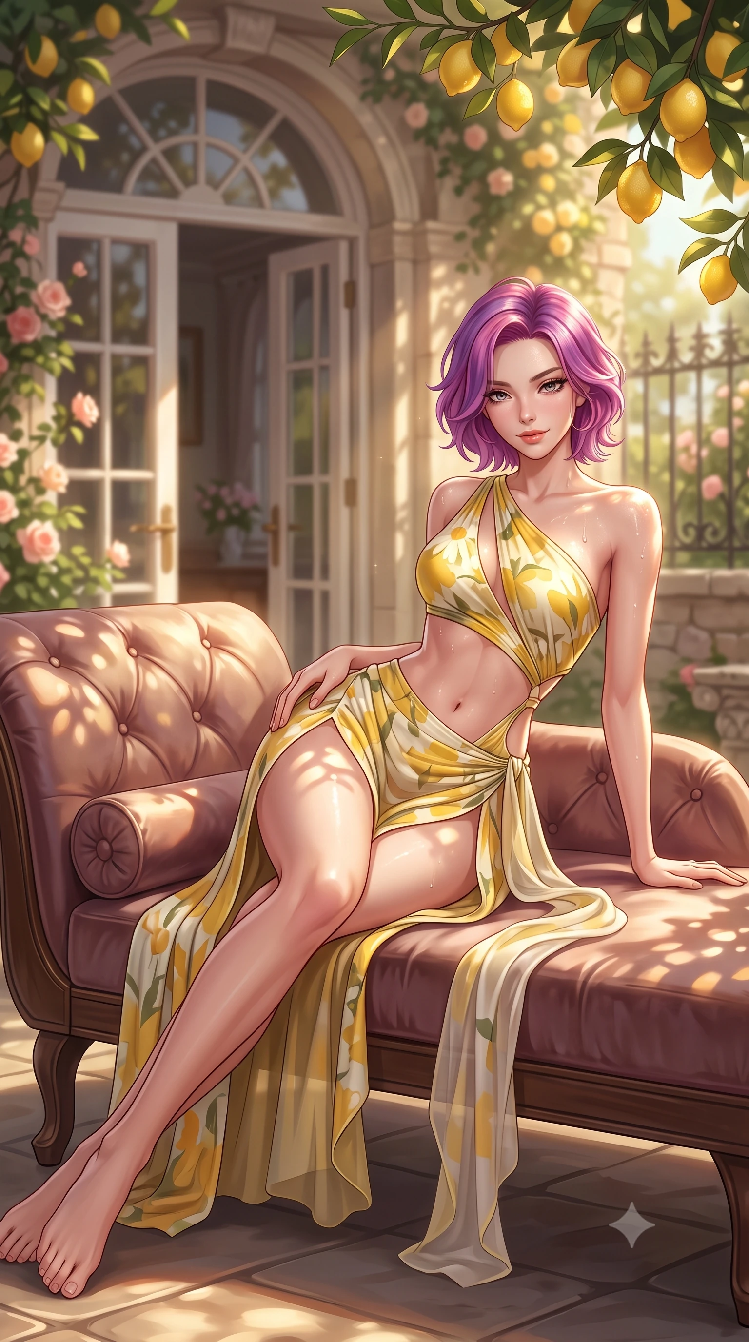 score_9, masterpiece, best quality, ultra-detailed, high-budget anime keyframe, semi-realistic 3D game render, editorial fashion photography, tasteful artistic composition, Caucasian woman. low angle full-body shot from head to toe showing her feet, filling the entire 9:16 vertical frame with her statuesque presence, stretching her vertical silhouette. reclining gracefully across the plush chaise lounge with one leg extended, her sculpted silhouette and flat midriff radiating magnetic nocturnal glamour while twisting her slender torso in an alluring contrapposto stance, golden sunlight filtering through citrus branches onto her flat midriff and hips. The background shows a soft-focus arched glass french doors softened in idyllic historic garden shallow focus. She has an absolutely perfect, statuesque 8.5-heads proportion, an exceptionally tall and slender model-like female figure with impossibly long slender legs, an ultra-slim waist, a flat toned midriff, narrow delicate ribcage, and beautifully sculpted feminine hips creating a graceful, slim hourglass silhouette without any bulky heaviness. sharp v-shaped jawline, high-bridge nose, sparkling eyes with hypnotic seductive depth, thick curled eyelashes, glossy parted lips with a natural dewy peach sheen, alluring bedroom-eyes with an enchanting coquettish smile, exuding magnetic siren charisma and sophisticated glamour, flawlessly proportioned anatomical accuracy, strict slender model proportions, natural body alignment, perfectly sculpted long slender limbs, ultra-slim waistline, clean dynamic posture without body distortion. wearing an asymmetric one-shoulder liquid jersey nymph dress with dramatic hip-high slit and waist cutout in sunlit daisy yellow and gardenia cream with olive accents, made of sheer gossamer chiffon that drapes softly against skin with airy translucence, complemented by glistening drops of moisture beading across her sculpted shoulders and flat midriff, the liquid-tight tailored fabric clinging flawlessly to her narrow waist and rounded feminine hips, emphasizing every millimeter of her sculpted slim hourglass curves without any bulky heaviness. bathed in warm golden late afternoon sunlight flooding through southern-facing glass doors. highly saturated vibrant anime colors, detailed shading with soft gradients, rich glossy textures, high-contrast stereoscopic depth, volumetric dynamic lighting, master piece, 9:16 ratio