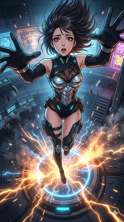 score_9, masterpiece, best quality, ultra-detailed, high-budget anime movie keyframe, cinematic anime lighting, intricate line art, Korean anime girl. Extreme high angle shot as she leaps towards the camera, filling the frame. operating a teleportati