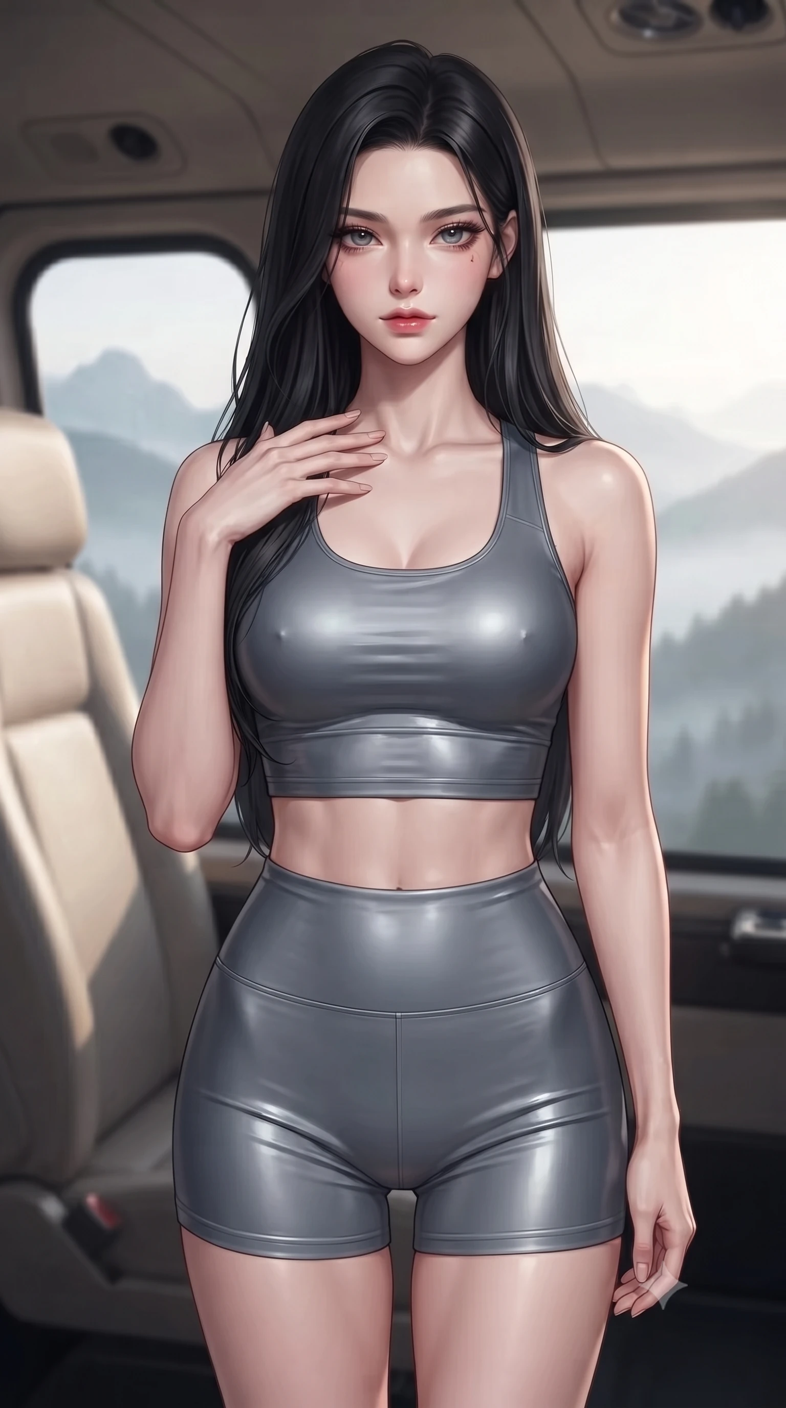 score_9, masterpiece, best quality, ultra-detailed, high-budget anime keyframe, editorial fashion photography, tasteful artistic composition, Korean woman. close-up cowboy shot from the waist and thighs up, the character dominates the composition, filling the frame with her large presence, background elements kept in soft focus. standing with one hand resting on her collarbone, looking at the viewer with bedroom-eyes the background shows a soft-focus the passenger seat of a helicopter facing a misty mountain range at dawn. She has an exceptionally elegant, slender, and willowy female figure with an ultra-slim waist, a gracefully sculpted slender torso, and a refined silhouette. sharp v-shaped jawline, high-bridge nose, intricate jewel-like eyes with depth, thick eyelashes, glossy lips with a natural sheen. wearing a slim-fit body-hugging athletic crop top and high-waisted shorts set in slate grey. soft morning mist diffusing the sunlight, creating a tranquil atmosphere. ultra-reflective glossy finish, specular highlights, metallic sheen, high-contrast stereoscopic depth, volumetric dynamic lighting, 2k, ultra detail, master piece, 9:16 ratio