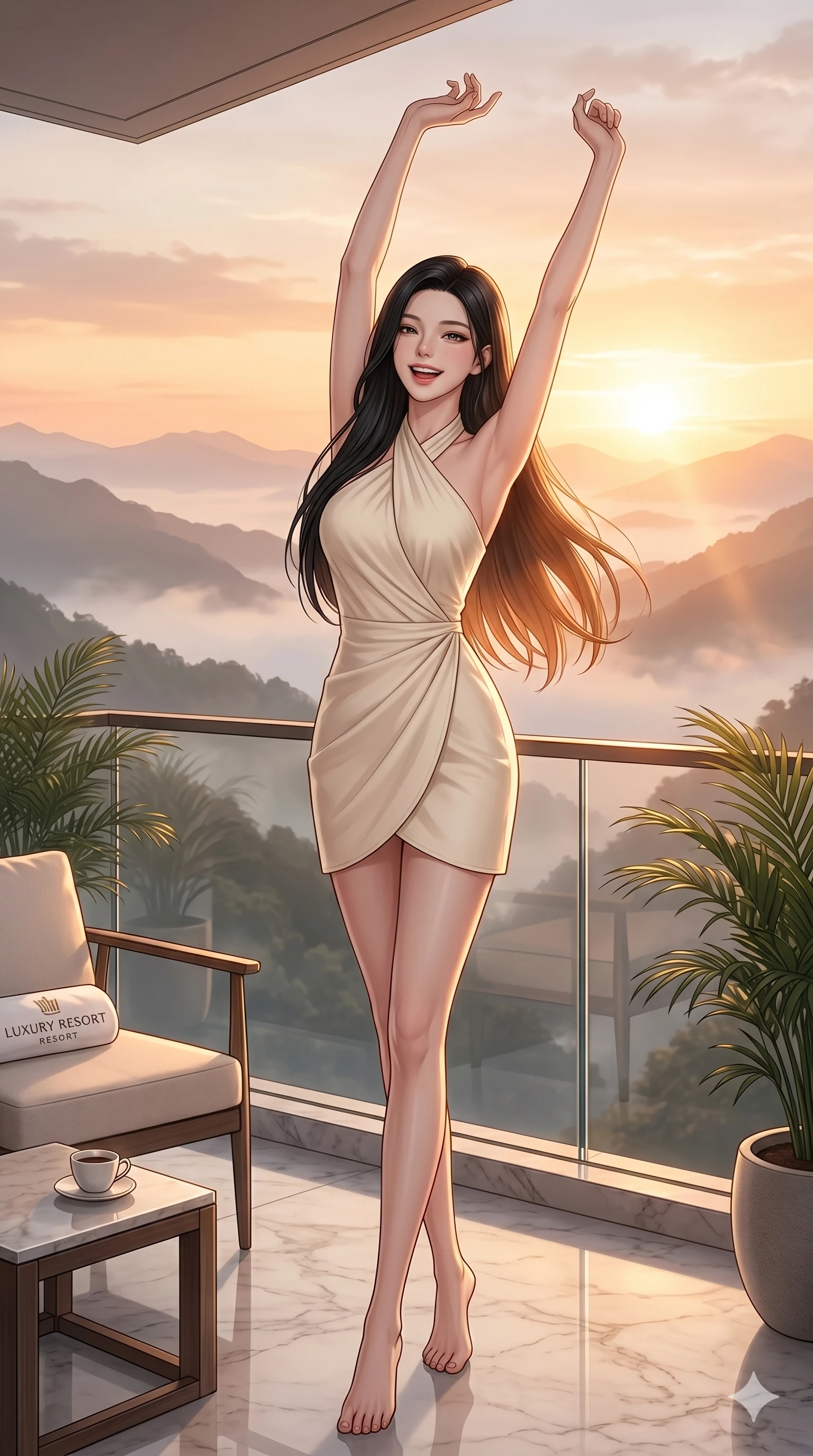 score_9, masterpiece, best quality, ultra-detailed, high-budget anime keyframe, editorial fashion photography, tasteful artistic composition, Korean woman. cowboy shot from the thighs up, character and outfit filling the frame for maximum editorial presence. stretching her arms up with a bright, refreshed smile, greeting the morning sun standing on a balcony of a high-end luxury resort overlooking the mountains. She has an absolutely perfect 8-heads proportion, an exceptionally tall and slender female figure with impossibly long slender legs and an ultra-slim waist. V-shaped jawline, high-bridge nose, intricate jewel-like eyes with depth, thick eyelashes, glossy lips with a natural sheen. wearing a cream-colored wrap dress with a graceful halter neck and bare shoulders. drenched in soft, warm sunrise light casting a gentle orange glow over her silhouette. 2k, ultra detail, master piece, 9:16 ratio