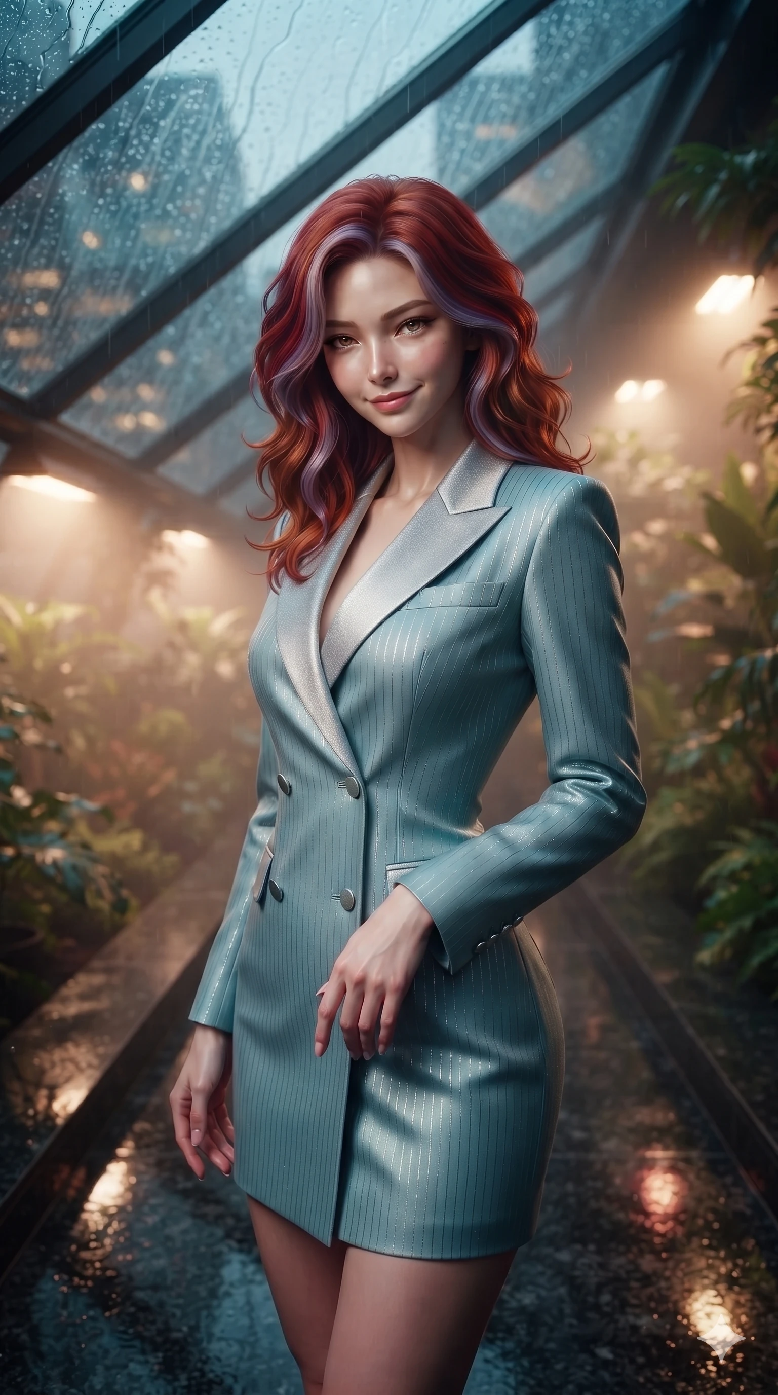 score_9, masterpiece, best quality, ultra-detailed, high-budget anime keyframe, editorial fashion photography, tasteful artistic composition, Caucasian woman. close-up cowboy shot from the waist and thighs up, the character dominates the composition, filling the frame with her large presence. tilting her head with a teasing half-smile, running one hand slowly down the side of her hip in a flirtatious S-curve as ambient light caresses her silhouette while standing poised on the polished black granite walkway inside the high-altitude rooftop greenhouse, arching her back with siren poise as acid rain streams down the slanted glass skylight. The background shows a soft-focus warm greenhouse humidity mist softened in high-altitude rooftop haven shallow focus. She has an exceptionally elegant, slender, and willowy female figure with an ultra-slim waist, flat toned midriff, narrow ribcage, and sculpted feminine hips creating an alluring, slim hourglass silhouette without bulk. sharp v-shaped jawline, high-bridge nose, intricate jewel-like sparkling eyes with depth, thick eyelashes, glossy parted lips with a natural peach sheen, bright cheerful beaming smile with an enchanting and coquettish sensual glint, exuding both youthful cute charm and seductive allure, flawlessly proportioned anatomical accuracy, strict slender model proportions, natural body alignment, perfectly sculpted long slender limbs, ultra-slim waistline, clean dynamic posture without body distortion. wearing a tailored double-breasted blazer dress with subtle metallic pin-stripes and structured lapels in glacial aurora cyan and starlight silver, tailored from high-density tech-wool with subtle metallic thread weave, finished with sleek magnetic buckle closures fluttering in the breeze, the bespoke structured tailoring following the natural line of her 8.5-heads silhouette with refined elegance. illuminated by wet floor reflection bounce and sharp rain-cyan rim lights sculpting her razor-sharp jawline, narrow waist, and curvy hips. ultra-reflective glossy finish, specular highlights, rich textural contrasts, high-contrast stereoscopic depth, volumetric dynamic lighting, 2k, ultra detail, master piece, 9:16 ratio