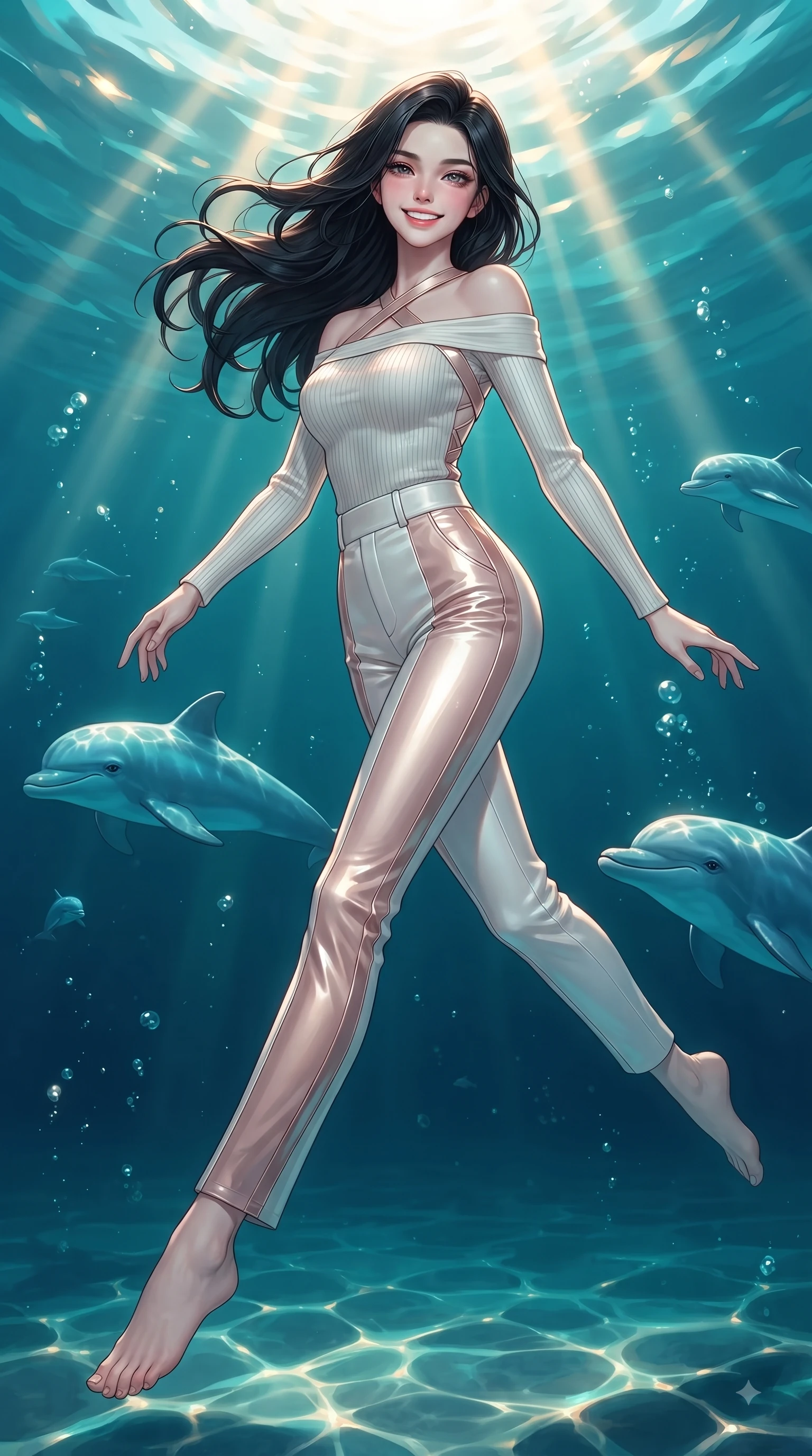 score_9, masterpiece, best quality, ultra-detailed, high-budget anime keyframe, editorial fashion photography, tasteful artistic composition, Korean woman. low angle full-body shot from head to toe showing her feet, filling the entire 9:16 vertical frame with her statuesque presence, stretching her vertical silhouette. leaping with pure joy through mid-air with a radiant bright smile, her impossibly long slender legs stretched in perfect balance while swimming underwater in a dynamic playful spin alongside friendly bioluminescent dolphins, golden sunbeams penetrating deep turquoise water creating caustic light ripples. She has an absolutely perfect, statuesque 8.5-heads proportion, an exceptionally tall and slender model-like female figure with impossibly long slender legs and an ultra-slim waist. sharp v-shaped jawline, high-bridge nose, intricate jewel-like eyes with depth, thick eyelashes, glossy lips with a natural sheen, flawlessly proportioned anatomical accuracy, natural body alignment, perfectly sculpted elegant limbs, clean dynamic posture without body distortion. wearing a sleek off-shoulder ribbed knit top paired with high-waist tailored pants in pearl white and rose gold, tailored from high-gloss patent leather, complemented by criss-cross back straps highlighting her bare shoulders, the form-contouring material highlighting her ultra-slim waist and long lines. surrounded by a shimmering ocean aura with bright pearl-white specular rim lights. ultra-reflective glossy finish, specular highlights, metallic sheen, high-contrast stereoscopic depth, volumetric dynamic lighting, 2k, ultra detail, master piece, 9:16 ratio