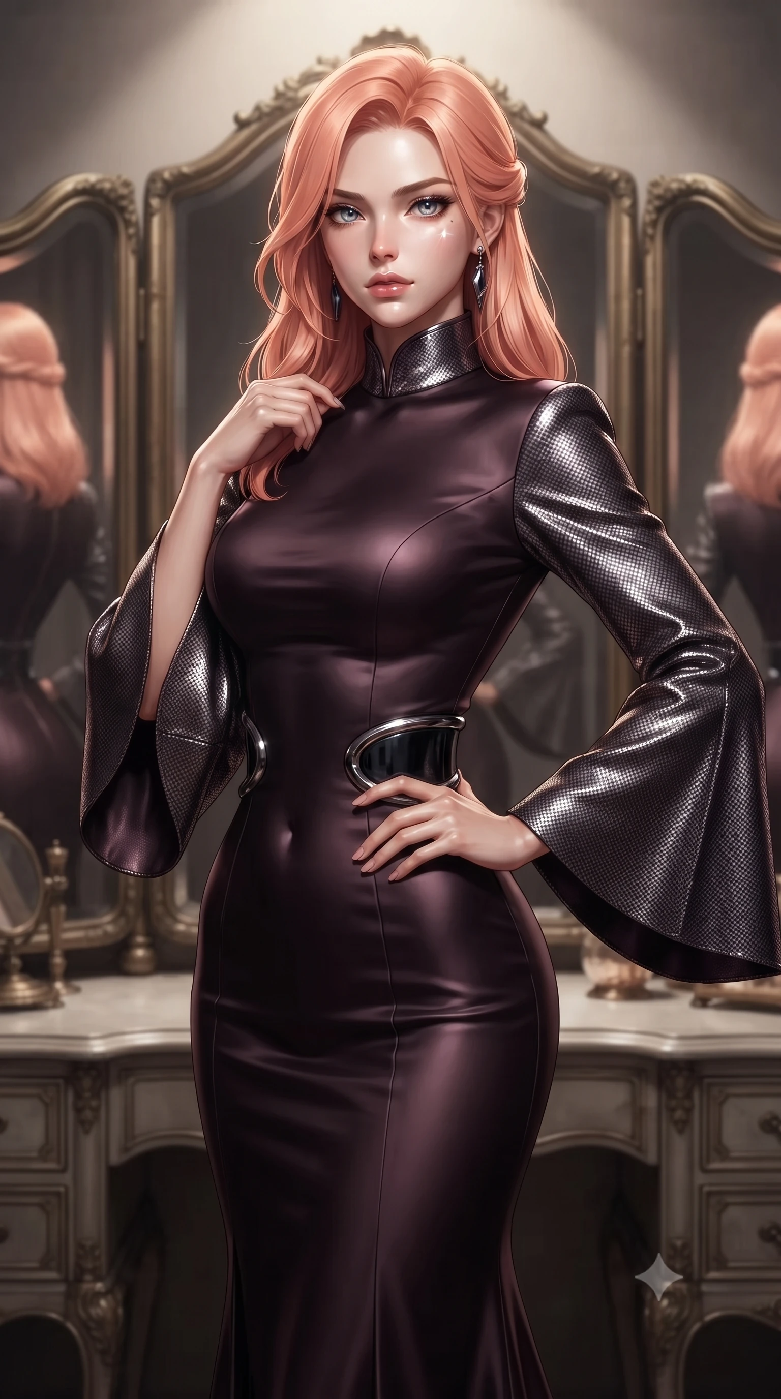 score_9, masterpiece, best quality, ultra-detailed, high-budget anime keyframe, editorial fashion photography, tasteful artistic composition, Japanese woman. close-up cowboy shot from the waist and thighs up, the character dominates the composition, filling the frame with her large presence, background elements kept in soft focus. Holding a confident power pose with one hand on her hip, adjusting her outfit before an antique trifold dressing mirror, sharp v-shaped jawline and glossy lips glinting under key studio rays. She has an exceptionally elegant, slender, and willowy female figure with an ultra-slim waist, a gracefully sculpted slender torso, and a refined silhouette. sharp v-shaped jawline, high-bridge nose, intricate jewel-like eyes with depth, thick eyelashes, glossy lips with a natural sheen. wearing gothic high-collar dark plum silk evening gown with bell sleeves in metallic dark silver, made of matte carbon-fiber weave, accented with sculpted obsidian chrome rings at the waist, the fitted fabric emphasizing her ultra-slim waist. bathed in high-contrast studio spotlighting with crisp specular glints. ultra-reflective glossy finish, specular highlights, metallic sheen, high-contrast stereoscopic depth, volumetric dynamic lighting, 2k, ultra detail, master piece, 9:16 ratio