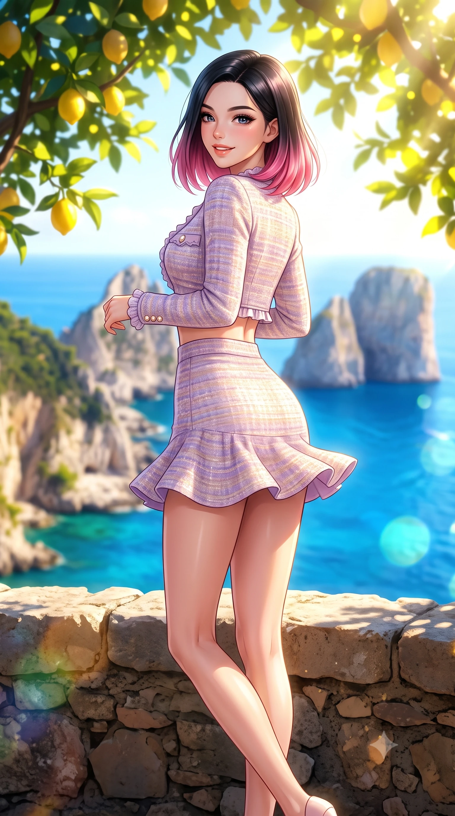 score_9, masterpiece, best quality, ultra-detailed, high-budget anime keyframe, semi-realistic 3D game render, editorial fashion photography, tasteful artistic composition, Korean woman. low angle full-body shot from head to toe showing her feet, filling the entire 9:16 vertical frame with her statuesque presence, stretching her vertical silhouette. executing a cheerful mid-motion pivot turn as her skirt flutters around her slender legs, glancing over her shoulder with an intoxicating, teasing cute expression while perching on the ancient stone terrace wall with legs crossed, looking over a bare shoulder with a sun-kissed, teasing cute smile over the Faraglioni. The composition keeps background elements in soft focus with dreamy creamy bokeh. sun-drenched cobalt Mediterranean sea and dramatic Capri limestone cliffs blurred into radiant sapphire, turquoise, and lemon-yellow bokeh. She has an exceptionally tall and slender model-like 8.5-heads proportion, an ultra-slim waist, a flat toned midriff, narrow delicate ribcage, and beautifully sculpted feminine hips creating a graceful, slim hourglass silhouette without any bulky heaviness, with impossibly long slender legs. sharp v-shaped jawline, high-bridge nose, intricate jewel-like sparkling eyes with depth, thick eyelashes, glossy parted lips with a natural peach sheen, bright cheerful beaming smile with an enchanting and coquettish sensual glint, exuding both youthful cute charm and seductive allure, flawlessly proportioned anatomical accuracy, strict slender model proportions, natural body alignment, perfectly sculpted long slender limbs, ultra-slim waistline, clean dynamic posture without body distortion. wearing a cute pastel tweed two-piece set with a cropped jacket and ultra-fitted high-waisted mini skirt tracing her hips in soft lilac and champagne shimmer, crafted from liquid-tight stretch jersey emphasizing every curve, finished with subtle ruffle trims and delicate pearl buttons, the form-fitting cut adhering flawlessly to her sculpted flat midriff and slender torso, emphasizing her long leg lines and perfectly proportioned willowy build. bathed in brilliant Mediterranean golden hour sunlight dappled through lush lemon tree leaves. highly saturated vibrant anime colors, detailed shading with soft gradients, rich glossy textures, high-contrast stereoscopic depth, volumetric dynamic lighting, master piece, 9:16 ratio