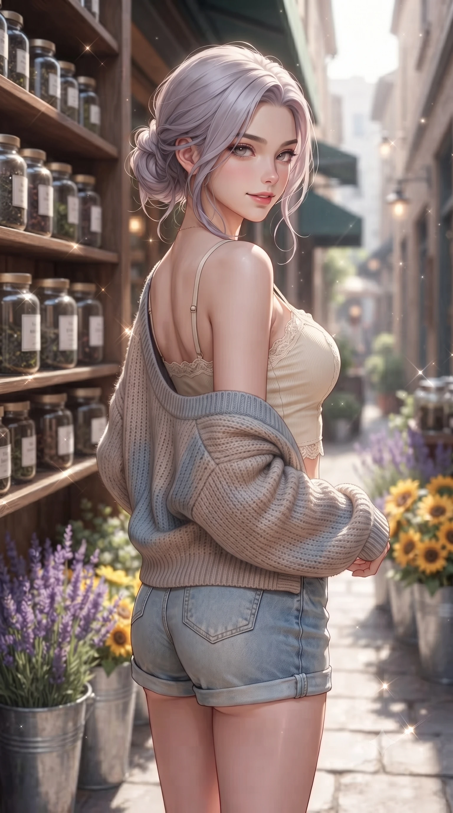 score_9, masterpiece, best quality, ultra-detailed, high-budget anime keyframe, editorial fashion photography, tasteful artistic composition, Caucasian woman. close-up cowboy shot from the waist and thighs up, the character dominates the composition, filling the frame with her large presence, background elements kept in soft focus. glancing sidelong over her shoulder with an alluring, lingering gaze and a subtle grin set against a soft-focus background of outside a cozy tea shop with jars of tea leaves displayed on wooden shelves with buckets of fresh lavender and yellow sunflowers lining the alley. She has an exceptionally elegant, slender, and willowy female figure with an ultra-slim waist, a gracefully sculpted slender torso, and a refined silhouette. sharp v-shaped jawline, high-bridge nose, intricate jewel-like eyes with depth, thick eyelashes, glossy lips with a natural sheen. wearing body-hugging delicate lace-trim crop top in cream, worn under an open preppy cardigan and denim shorts. bright daylight reflecting off the display cases, creating sparkling glints. ultra-reflective glossy finish, specular highlights, metallic sheen, high-contrast stereoscopic depth, volumetric dynamic lighting, 2k, ultra detail, master piece, 9:16 ratio