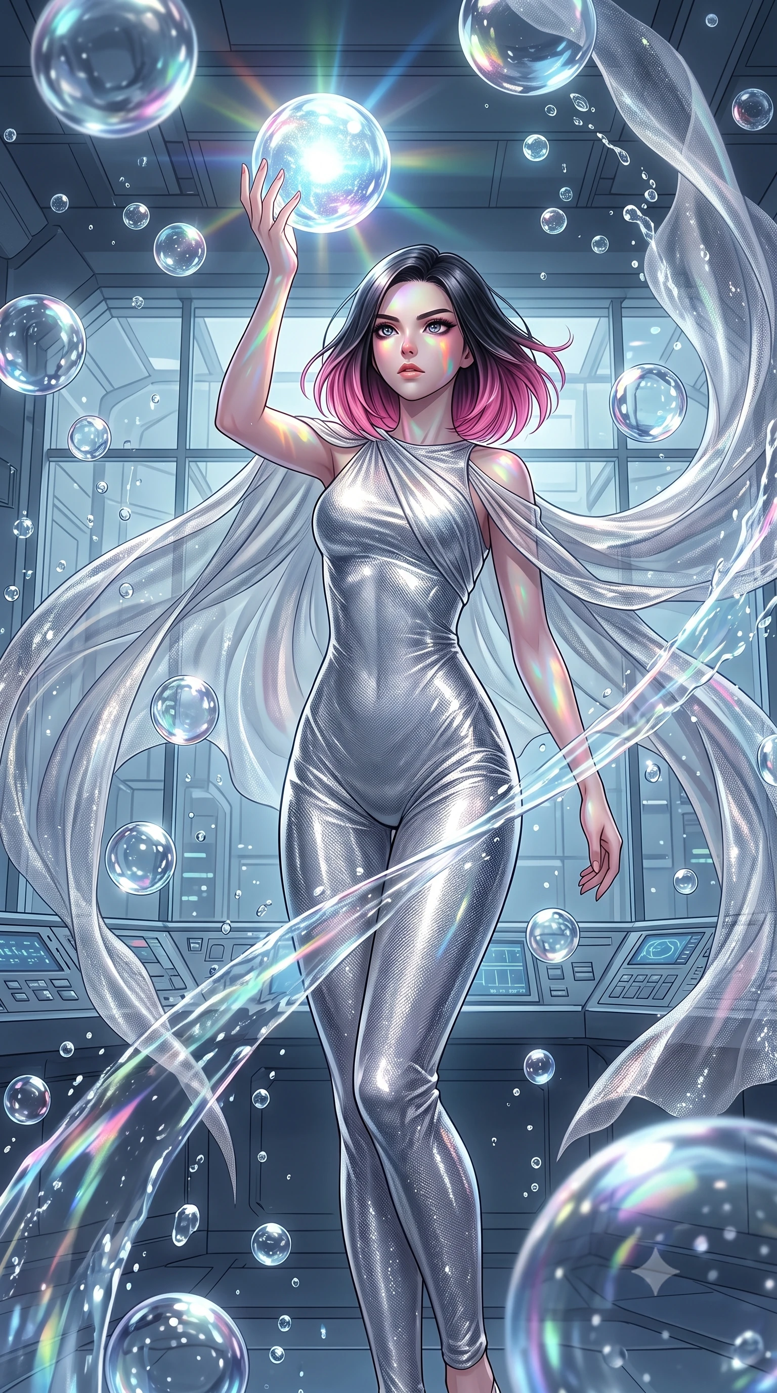 score_9, masterpiece, best quality, ultra-detailed, High-budget Anime Keyframe, East Asian woman. Low angle cowboy shot filling the entire 9:16 frame with her statuesque presence. Scenario 476: reaching out to catch a floating sphere of liquid light in a zero-gravity sanctuary filled with floating water spheres. Her presence is magnetic and overpowering in this high-budget anime scene. Outfit 476: a slim-fit liquid silver shimmering chiffon jumpsuit draped with a semi-transparent chiffon cape. The clothing is designed to emphasize her exceptionally tall and slender 8-heads proportion. 8-heads proportion, towering silhouette, ultra-slim waist. sharp v-shaped jawline, intricate jewel-like eyes with depth, thick eyelashes, glossy lips. 2k, ultra detail, master piece, 9:16 ratio