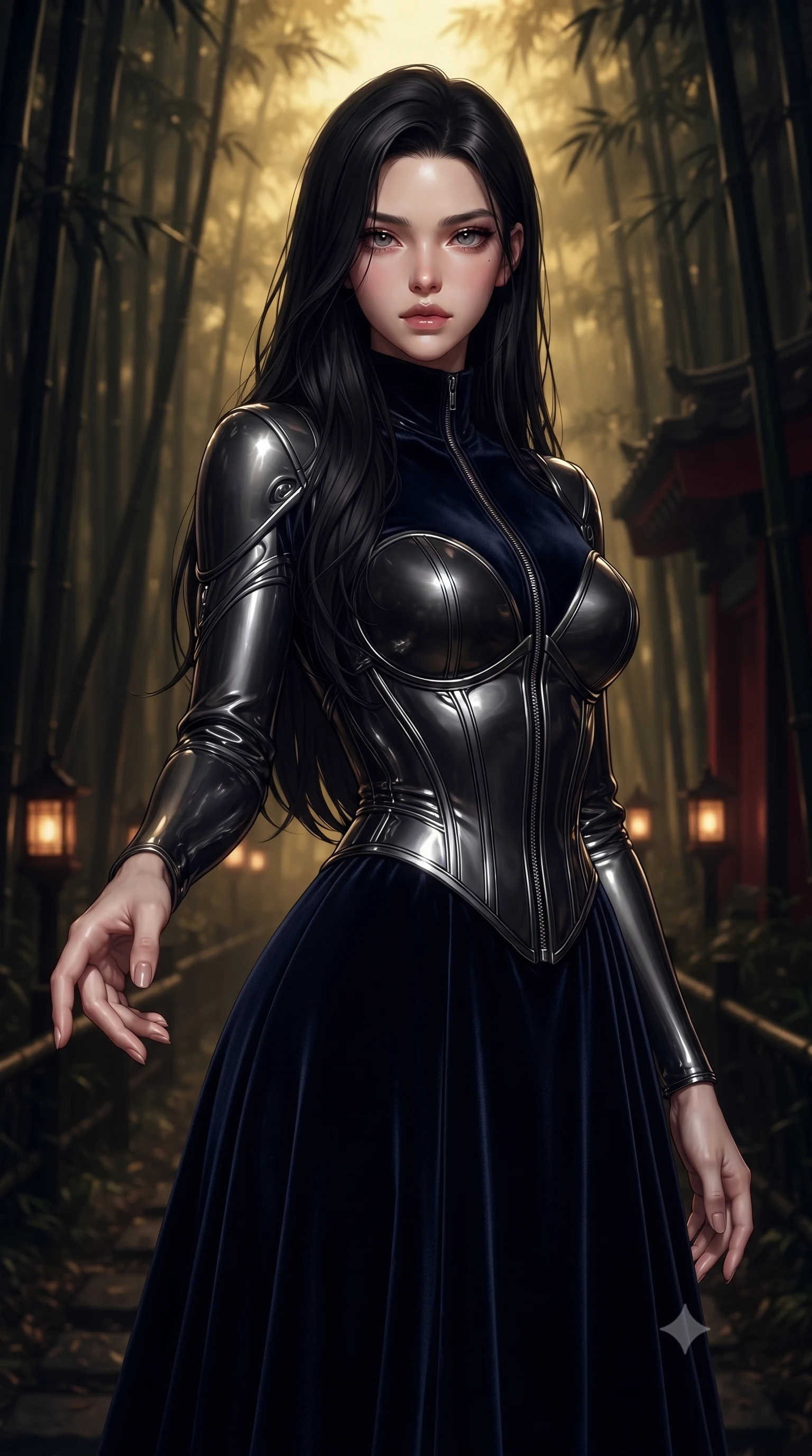 score_9, masterpiece, best quality, ultra-detailed, high-budget anime keyframe, editorial fashion photography, tasteful artistic composition, Korean woman. close-up cowboy shot from the waist and thighs up, the character dominates the composition, filling the frame with her large presence, background elements kept in soft focus. Reaching one hand toward the viewer with relaxed dark elegance, navigating a shadowy dark bamboo forest path lined with dim amber lanterns, deep crimson and pitch-black traditional architectural details. She has an exceptionally elegant, slender, and willowy female figure with an ultra-slim waist, a gracefully sculpted slender torso, and a refined silhouette. sharp v-shaped jawline, high-bridge nose, intricate jewel-like eyes with depth, thick eyelashes, glossy lips with a natural sheen. wearing floor-length high-neck midnight navy velvet gown with long sleeves in dark charcoal gray, made of sculpted obsidian metallic chrome, finished with metallic silver boning and sleek zipper points, highlighting her statuesque proportions and ultra-slim waistline. bathed in eerie gold mist glow and deep dark shadow silhouettes. ultra-reflective glossy finish, specular highlights, metallic sheen, high-contrast stereoscopic depth, volumetric dynamic lighting, 2k, ultra detail, master piece, 9:16 ratio