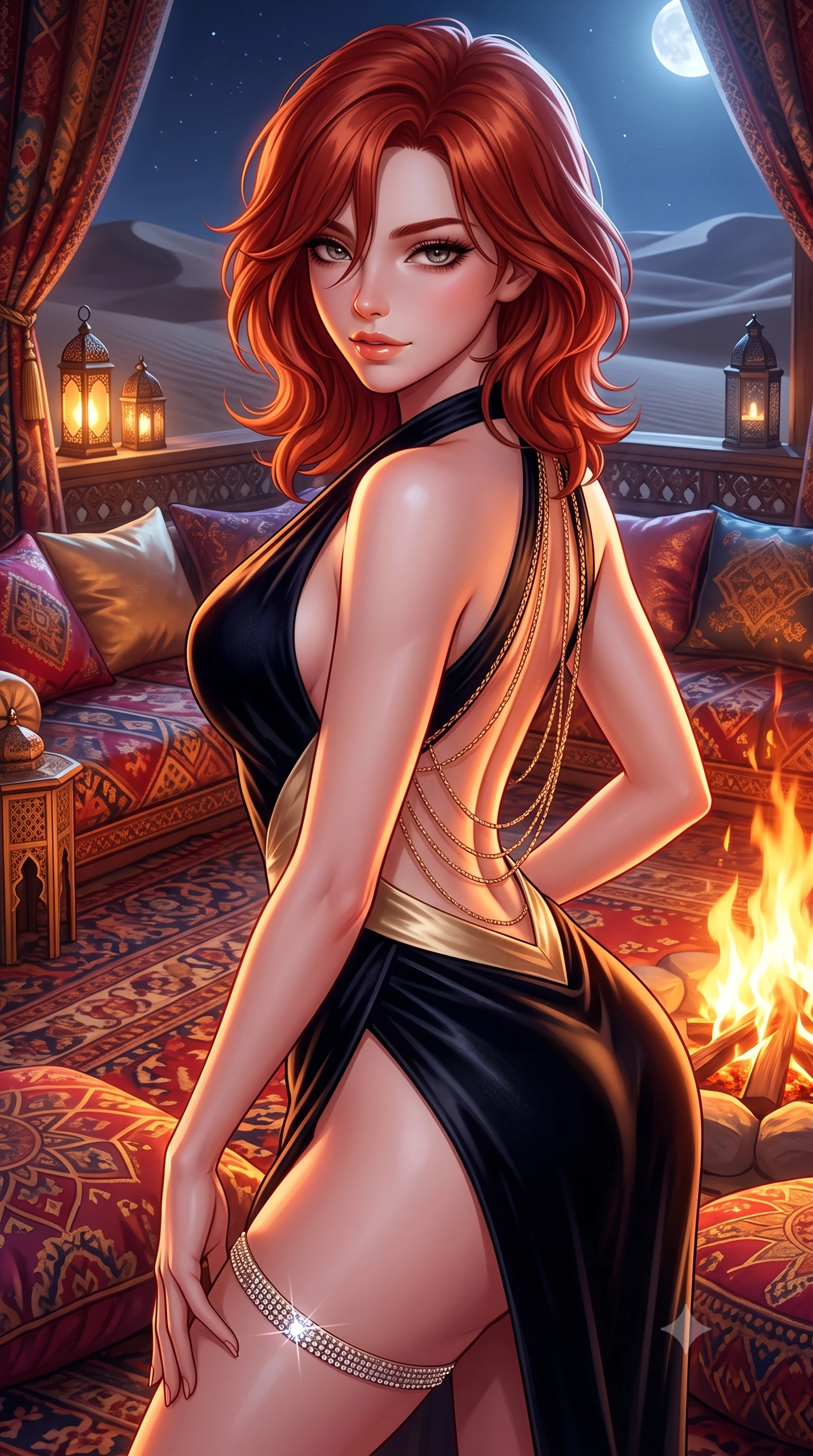 score_9, masterpiece, best quality, ultra-detailed, high-budget anime keyframe, semi-realistic 3D game render, editorial fashion photography, tasteful artistic composition, Korean woman. close-up cowboy shot from the waist and thighs up, the character dominates the composition, filling the frame with her large presence. leaning forward while arching her lower back to accentuate her curvy hips, looking into the camera with an intoxicating smoldering gaze and bedroom-eyes while twisting her slender torso in an alluring contrapposto stance, flickering orange flames and silver desert moonlight tracing her curves. The surrounding environment is rendered in vivid detail and crisp panoramic clarity: detailed sheer illusion mesh bodysuit cling, crystal thigh garter shine, and desert luxury majlis decor in high resolution. She has an exceptionally elegant, slender, and willowy female figure with an ultra-slim waist, flat toned midriff, narrow ribcage, and sculpted feminine hips creating an alluring, slim hourglass silhouette without bulk. sharp v-shaped jawline, high-bridge nose, sparkling eyes with hypnotic seductive depth, thick curled eyelashes, glossy parted lips with a natural dewy peach sheen, alluring bedroom-eyes with an enchanting coquettish smile, exuding magnetic siren charisma and sophisticated glamour, flawlessly proportioned anatomical accuracy, strict slender model proportions, natural body alignment, perfectly sculpted long slender limbs, ultra-slim waistline, clean dynamic posture without body distortion. wearing a criss-cross halterneck keyhole bodysuit with open back and sculpted waist darts in midnight obsidian black and liquid champagne gold, tailored from ultra-plush velvet with rich tactile depth and deep shadow gradients, accented with an open-back drape framed by falling strands of delicate gold chains, the high-slit wrap tailoring accentuating her ultra-slim waistline and the enchanting curve of her feminine hips with alluring seductive charm. bathed in the intense warm amber and crimson flicker of open campfire flames mixed with pure silver moonlight. highly saturated vibrant anime colors, detailed shading with soft gradients, rich glossy textures, high-contrast stereoscopic depth, volumetric dynamic lighting, master piece, 9:16 ratio
