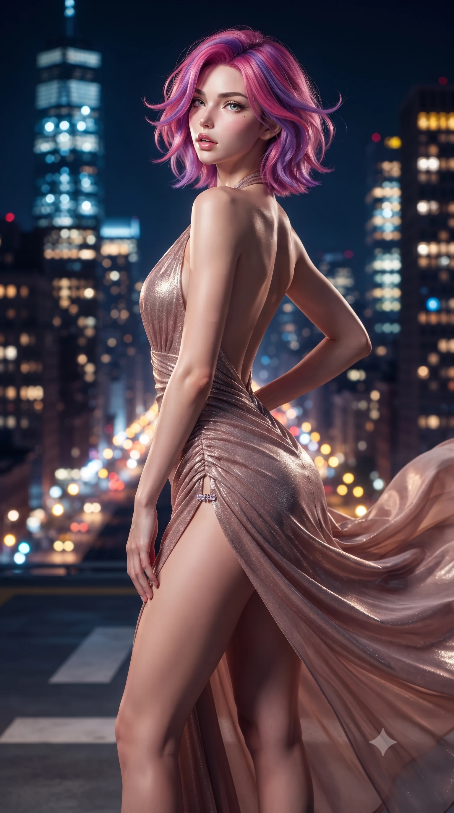 score_9, masterpiece, best quality, ultra-detailed, high-budget anime keyframe, editorial fashion photography, tasteful artistic composition, Caucasian woman. close-up cowboy shot from the waist and thighs up, the character dominates the composition, filling the frame with her large presence. posing in an alluring rear three-quarter angle, arching her lower back in a pronounced S-curve with one hand on her hip, glancing seductively over her bare shoulder with parted glossy lips while standing poised at the center of the rooftop helipad facing the gale-force night wind, arching her spine in pure exhilaration as her dress flutters violently. The composition keeps background elements in soft focus with creamy bokeh. thousands of glowing Manhattan skyscraper windows and yellow cab light trails blurred into sapphire, amber, and ruby bokeh. She has an exceptionally elegant, slender, and willowy female figure with an ultra-slim waist, flat toned midriff, narrow ribcage, and sculpted feminine hips creating an alluring, slim hourglass silhouette without bulk. sharp v-shaped jawline, high-bridge nose, intricate jewel-like eyes with depth, thick eyelashes, glossy parted lips with a natural sheen, intensely captivating and seductive bedroom-eyes expression, flawlessly proportioned anatomical accuracy, strict slender model proportions, natural body alignment, perfectly sculpted long slender limbs, ultra-slim waistline, clean dynamic posture without body distortion. wearing a plunging halter-neck metallic lamé column dress with a dramatic bare spine and hip-defining ruching in dusky blush rose and champagne shimmer, woven from layered gossamer chiffon with a weightless sweeping drape, finished with an ultra-high side slit secured by miniature jeweled clasps, the form-contouring material adhering flawlessly to her sculpted flat midriff and slender torso, emphasizing her long leg lines and perfectly proportioned willowy build. illuminated by crisp directional wind-edge highlights sculpting her bare collarbones, slender waist, and curvy hips. ultra-reflective glossy finish, specular highlights, rich textural contrasts, high-contrast stereoscopic depth, volumetric dynamic lighting, 2k, ultra detail, master piece, 9:16 ratio