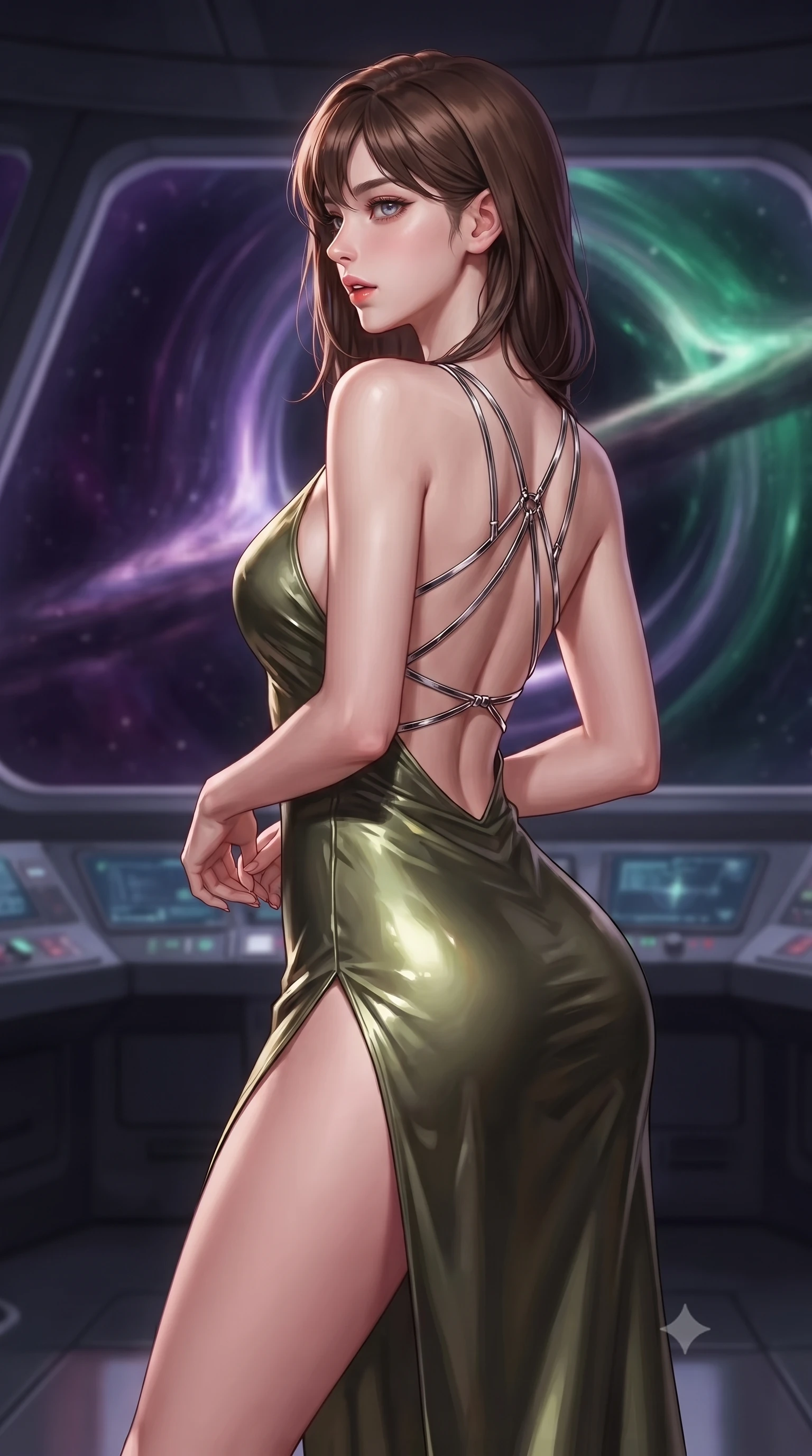 score_9, masterpiece, best quality, ultra-detailed, high-budget anime keyframe, editorial fashion photography, tasteful artistic composition, Korean woman. close-up cowboy shot from the waist and thighs up, the character dominates the composition, filling the frame with her large presence, background elements kept in soft focus. turning her face in profile to look over her shoulder, casting a smoldering side gaze with lips slightly parted, the background shows a soft-focus the control bridge of a singularity cruiser with a panoramic window showing warps. She has an exceptionally elegant, slender, and willowy female figure with an ultra-slim waist, a gracefully sculpted slender torso, and a refined silhouette. sharp v-shaped jawline, high-bridge nose, intricate jewel-like eyes with depth, thick eyelashes, glossy lips with a natural sheen. wearing a body-hugging dramatic open-back maxi combat dress in olive green, featuring a high thigh slit and chrome straps. the deep violet and emerald hues of a cosmic singularity bending the light. ultra-reflective glossy finish, specular highlights, metallic sheen, high-contrast stereoscopic depth, volumetric dynamic lighting, 2k, ultra detail, master piece, 9:16 ratio