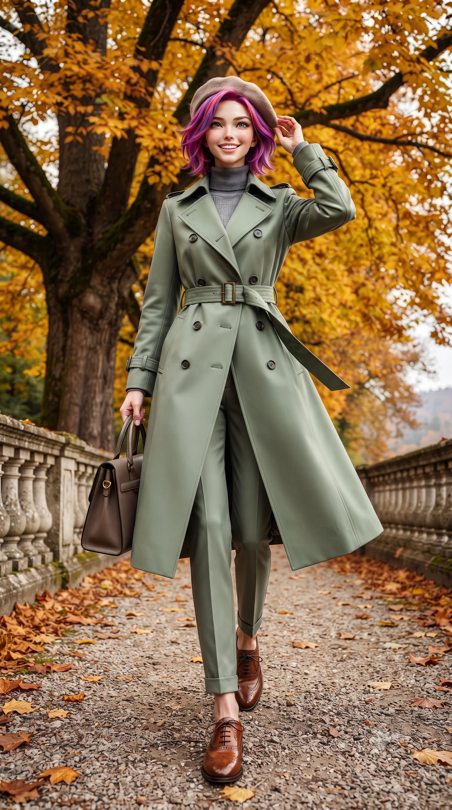 score_9, masterpiece, best quality, ultra-detailed, high-budget anime keyframe, editorial fashion photography, tasteful artistic composition, Caucasian woman. low angle full-body shot from head to toe showing her feet, filling the entire 9:16 vertical frame with her statuesque presence, stretching her vertical silhouette. walking briskly with tall supermodel strides, one hand holding her leather bag and the other swinging with energetic charm while pausing beneath a monumental golden beech tree, one hand lightly holding her wool beret as an autumn breeze sweeps by. The surrounding environment is rendered in vivid detail and crisp panoramic clarity: sharp veining on crisp fallen autumn leaves, weathered limestone bridge baluster textures, and gravel pathway grains in deep focus. She has an exceptionally tall and slender model-like 8.5-heads proportion, an ultra-slim waist, a flat toned midriff, narrow delicate ribcage, and beautifully sculpted feminine hips creating a graceful, slim hourglass silhouette without any bulky heaviness, with impossibly long slender legs. sharp v-shaped jawline, high-bridge nose, intricate jewel-like sparkling eyes with depth, thick eyelashes, glossy parted lips with a natural peach sheen, bright cheerful beaming smile with an enchanting and coquettish sensual glint, exuding both youthful cute charm and seductive allure, flawlessly proportioned anatomical accuracy, strict slender model proportions, natural body alignment, perfectly sculpted long slender limbs, ultra-slim waistline, clean dynamic posture without body distortion. wearing a classic double-breasted trench coat with a cinched waist belt worn over a fine-knit cashmere turtleneck and tailored trousers in misty Arashiyama bamboo green and slate grey, crafted from rich cotton velvet with deep light-absorbing pile and soft gradients, complemented by classic polished leather oxfords with brogue perforations, the sharp shoulder tailoring and gently nipped waist framing her slender torso with pristine sartorial perfection. illuminated by lake water shimmer fill and rich copper-gold rim lights defining her razor-sharp jawline and tall slender figure. ultra-reflective glossy finish, specular highlights, rich textural contrasts, high-contrast stereoscopic depth, volumetric dynamic lighting, 2k, ultra detail, master piece, 9:16 ratio