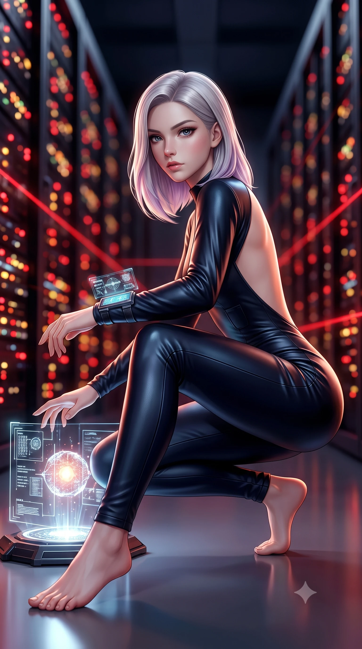 score_9, masterpiece, best quality, ultra-detailed, high-budget anime keyframe, semi-realistic 3D game render, editorial fashion photography, tasteful artistic composition, Caucasian woman. low angle full-body shot from head to toe showing her feet, filling the entire 9:16 vertical frame with her statuesque presence, stretching her vertical silhouette. pivoting dynamically with supreme athletic balance and poise, her impossibly long slender legs creating a breathtaking line while sliding into a low tactical crouch beside a glowing data core, eyes scanning the perimeter with lethal intelligence. The composition keeps background elements in soft focus with creamy bokeh. endless glowing server rack indicator LEDs and intersecting red laser lines blurred into fiery crimson, amber, and obsidian bokeh. She has an absolutely perfect, statuesque 8.5-heads proportion, an exceptionally tall and slender model-like female figure with impossibly long slender legs, a toned flat midriff, and an ultra-slim waist. sharp v-shaped jawline, high-bridge nose, intricate jewel-like eyes with depth, thick eyelashes, glossy lips with a natural sheen, captivating and magnetic expression, flawlessly proportioned anatomical accuracy, strict slender model proportions, natural body alignment, perfectly sculpted long slender limbs, ultra-slim waistline, clean dynamic posture without body distortion. wearing an undercover operative tailored backless evening catsuit with concealed gadget pockets in stealth obsidian black and midnight navy, tailored from second-skin supple lambskin leather with liquid drape, equipped with a wrist-mounted miniature holographic display terminal, the breezy yet form-flattering drape swaying gracefully with her steps, accentuating her long willowy limbs and slim waistline. illuminated by crisp directional rim lighting sharply carving her ultra-slim waist and sculpted silhouette. highly saturated vibrant anime colors, detailed shading with soft gradients, rich glossy textures, high-contrast stereoscopic depth, volumetric dynamic lighting, master piece, 9:16 ratio