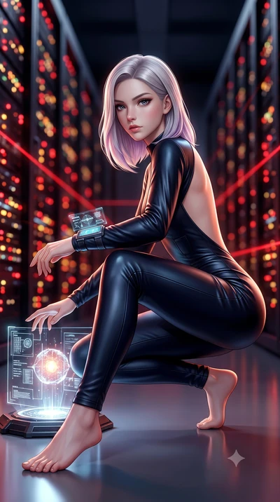 score_9, masterpiece, best quality, ultra-detailed, high-budget anime keyframe, semi-realistic 3D game render, editorial fashion photography, tasteful artistic composition, Caucasian woman. low angle full-body shot from head to toe showing her feet, 