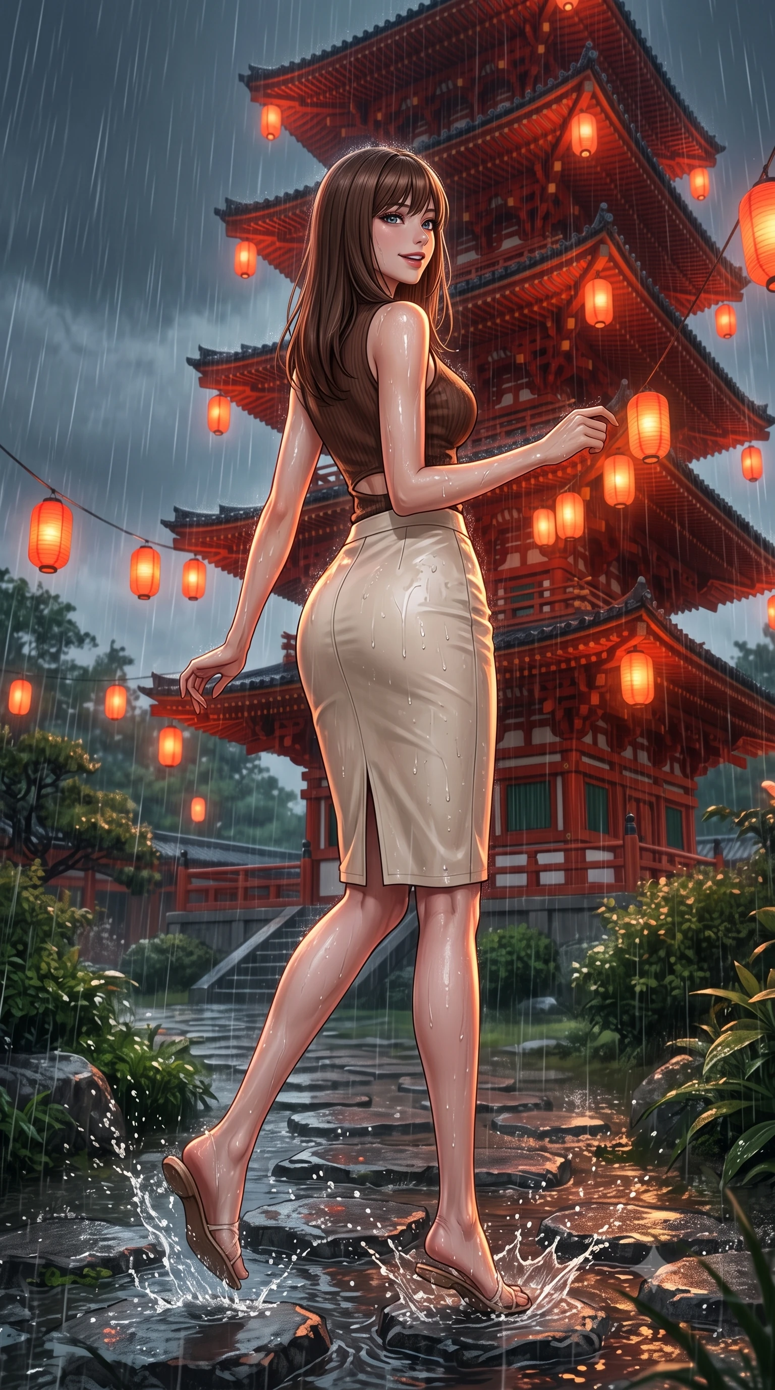 score_9, masterpiece, best quality, ultra-detailed, high-budget anime keyframe, editorial fashion photography, tasteful artistic composition, Korean woman. low angle full-body shot from head to toe showing her feet, filling the entire 9:16 vertical frame with her statuesque presence, stretching her vertical silhouette. navigating with fluid, playful motion through on a stone path of a garden during a heavy warm summer rain shower, looking at a tall red wooden pagoda with floating red paper lanterns. She has a statuesque 8.5-heads proportion, an exceptionally tall, slender and willowy model-like build with impossibly long legs and a highly sculpted ultra-slim waist. sharp v-shaped jawline, high-bridge nose, intricate jewel-like eyes with depth, thick eyelashes, glossy lips with a natural sheen. wearing a chocolate brown knit top with a subtle waist-cutout detailing, paired with a cream leather pencil skirt. warm orange glow from the paper lanterns contrasting with the cool, dark grey rain-swept sky. 2k, ultra detail, master piece, 9:16 ratio