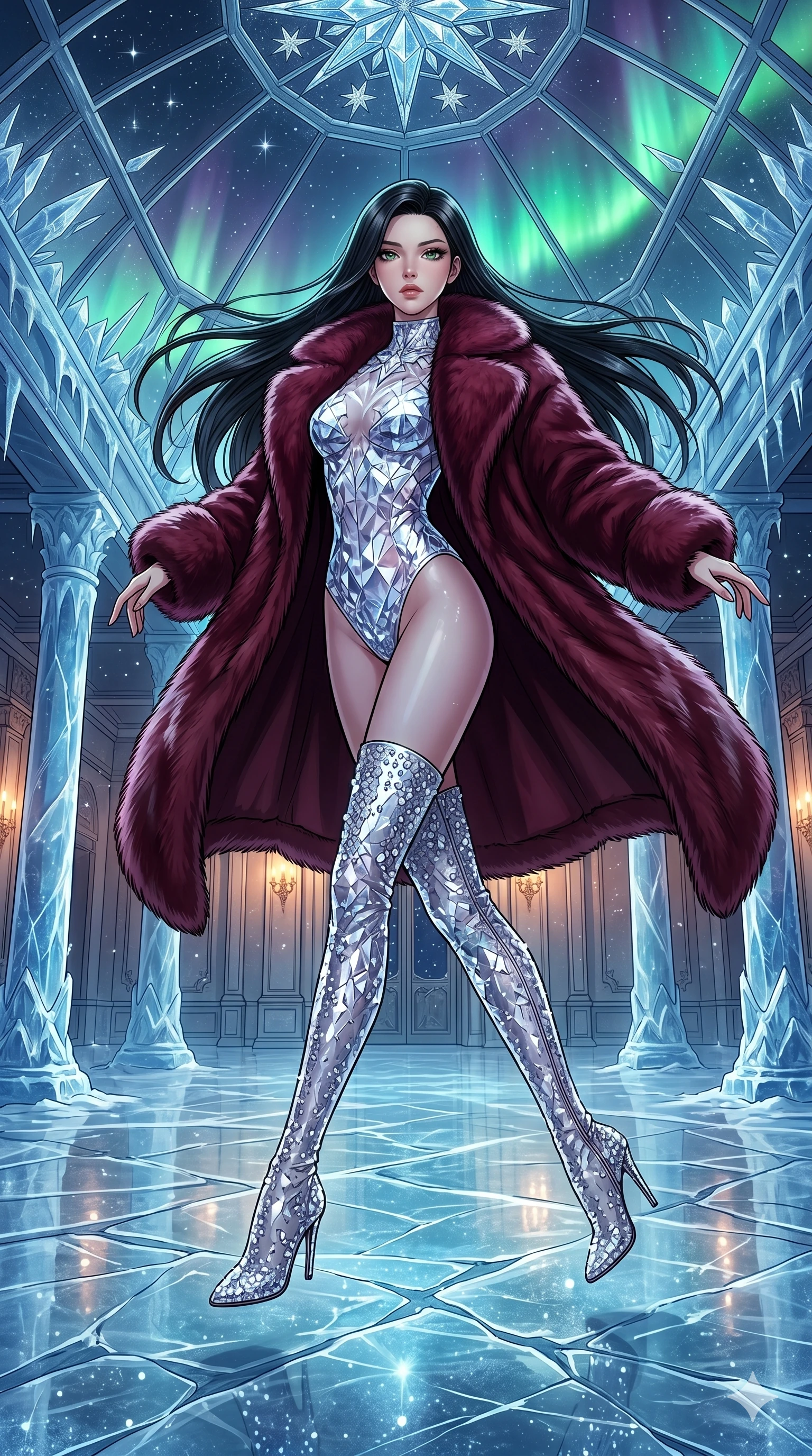 score_9, masterpiece, best quality, ultra-detailed, high-budget anime movie keyframe, cinematic anime lighting, intricate line art, Japanese woman. Low angle cowboy shot filling the entire 9:16 frame with her statuesque presence. leaping gracefully in a frozen starlight ballroom amidst aurora borealis. She has an absolutely perfect 8-heads proportion, an exceptionally tall and slender female figure with an ultra-slim waist and impossibly long slender legs. sharp v-shaped jawline, high-bridge nose, intricate jewel-like eyes, thick eyelashes, glossy lips. Wearing seasonal winter-couture featuring a plush oversized faux-fur coat worn over a skin-tight crystalline leotard and thigh-high stiletto boots. The scene is illuminated by dramatic atmospheric lighting and vibrant color palettes. , 2k, ultra detail, master piece, 9:16 ratio
