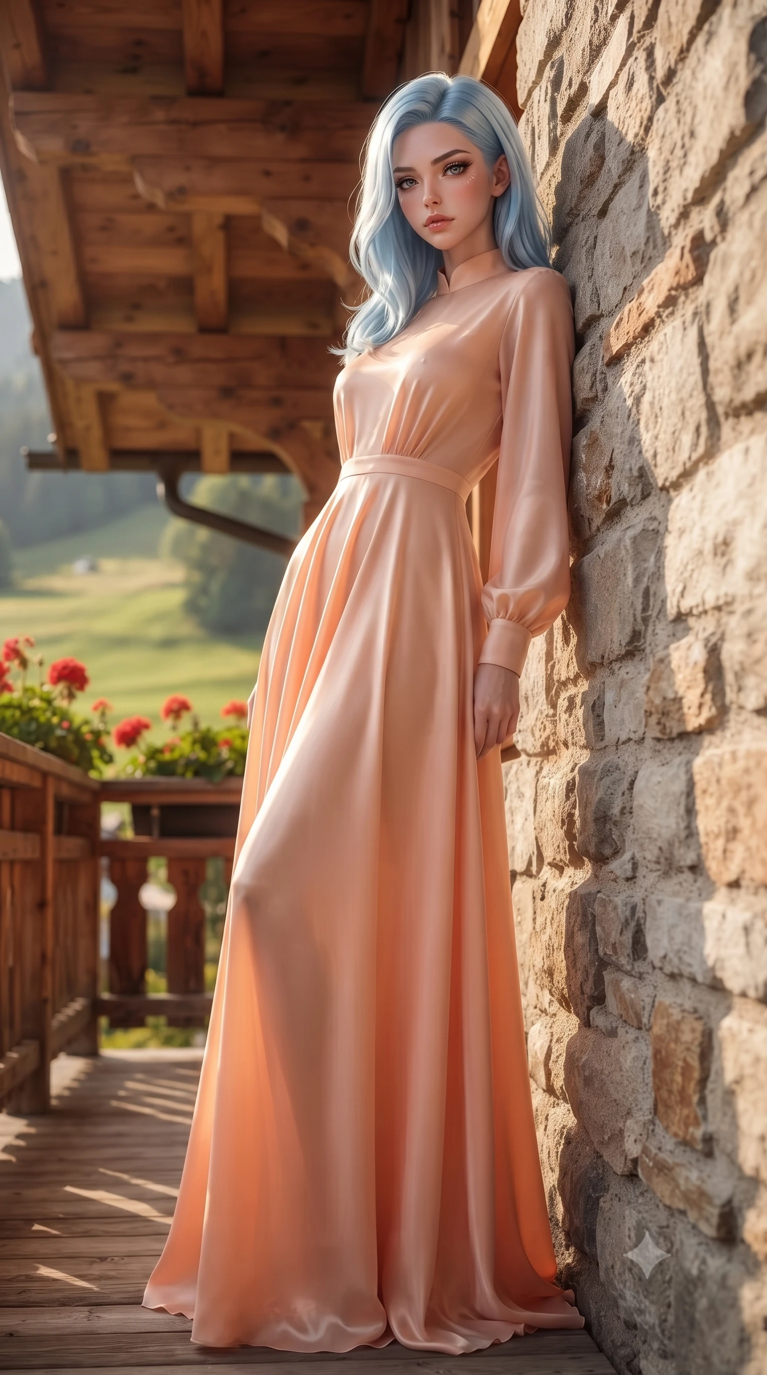 score_9, masterpiece, best quality, ultra-detailed, high-budget anime keyframe, editorial fashion photography, tasteful artistic composition, Korean woman woman. low angle full-body shot from head to toe showing her feet, filling the entire 9:16 vertical frame with her statuesque presence, stretching her vertical silhouette. leaning back against a rustic stone wall, casting a slow, alluring gaze at the camera the background shows a soft-focus a wooden balcony of a Swiss chalet decorated with red geraniums, looking at green meadows. She has an absolutely perfect, statuesque 8.5-heads proportion, an exceptionally tall and slender model-like female figure with impossibly long slender legs and an ultra-slim waist. sharp v-shaped jawline, high-bridge nose, intricate jewel-like eyes with depth, thick eyelashes, glossy lips with a natural sheen. wearing a tailored flowy peach-colored chiffon lounge gown with long sleeves and a modest high collar. warm afternoon sunbeams coloring the wooden beams and flowers in vivid tones. ultra-reflective glossy finish, specular highlights, metallic sheen, high-contrast stereoscopic depth, volumetric dynamic lighting, 2k, ultra detail, master piece, 9:16 ratio