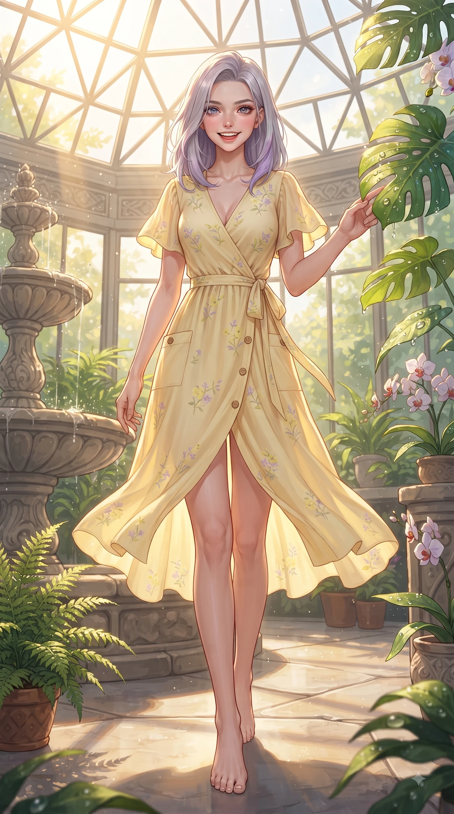 score_9, masterpiece, best quality, ultra-detailed, high-budget anime keyframe, editorial fashion photography, tasteful artistic composition, Caucasian woman. low angle full-body shot from head to toe showing her feet, filling the entire 9:16 vertical frame with her statuesque presence, stretching her vertical silhouette. walking forward in a proud dynamic stride with a cheerful beaming smile, her vertical silhouette filling the frame while reaching out playfully to touch a sun-lit green leaf while smiling with sparkling eyes into the lens. The surrounding environment is rendered in vivid detail and crisp panoramic clarity. dewdrops on Monstera leaves, stone fountain details, and clear glass geometric panels rendered in crisp resolution. She has an absolutely perfect, statuesque 8.5-heads proportion, an exceptionally tall and slender model-like female figure with impossibly long slender legs and an ultra-slim waist. sharp v-shaped jawline, high-bridge nose, intricate jewel-like eyes with depth, thick eyelashes, glossy lips with a natural sheen, flawlessly proportioned anatomical accuracy, natural body alignment, perfectly sculpted elegant limbs, clean dynamic posture without body distortion. wearing an elegant butter-yellow wrap midi dress with subtle floral embroidery and flutter sleeves in soft lemon yellow and lavender violet, made of fine lightweight chiffon that flutters gently in the breeze, finished with neat front wooden buttons and pocket details, the relaxed yet flattering fit accentuating her naturally graceful and slender figure. bathed in bright golden sunlight filtering through conservatory glass panes. ultra-reflective glossy finish, specular highlights, metallic sheen, high-contrast stereoscopic depth, volumetric dynamic lighting, 2k, ultra detail, master piece, 9:16 ratio