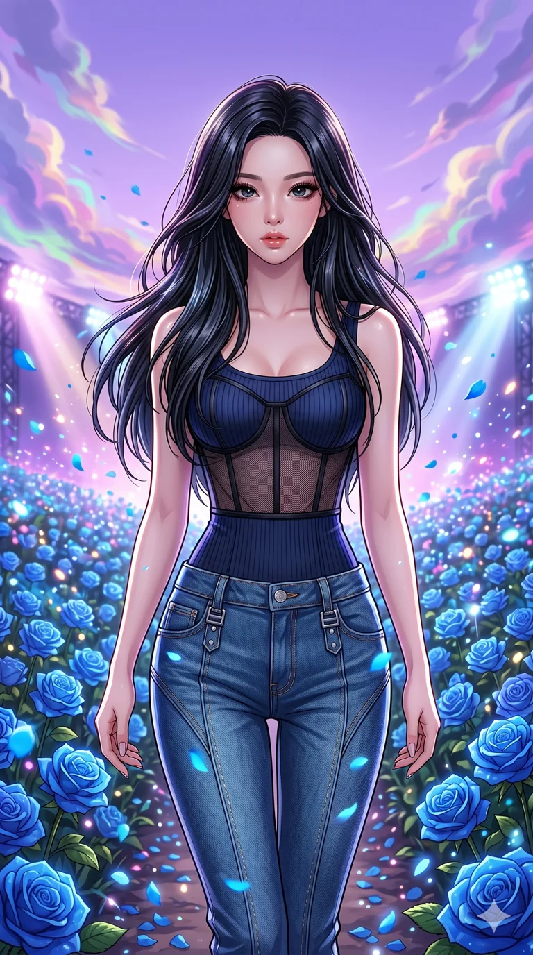score_9, masterpiece, best quality, ultra-detailed, High-budget Anime Keyframe, beautiful Japanese anime girl. Upper body close-up from the thighs up, character filling the screen for maximum presence. Walking through a field of blue roses under a lavender sky. She has an absolutely perfect 8-heads proportion, an exceptionally tall and slender female figure with impossibly long slender legs and an ultra-slim waist. Sharp v-shaped jawline, high-bridge nose, intricate jewel-like eyes with depth, thick eyelashes, glossy lips with a natural sheen. Wearing a Urban Trendsetter outfit: midnight blue ribbed bodycon dress, crop top with high-waist denim, sheer corset with cargo pants. Background is a bright and colorful environment with cinematic lighting, dynamic particle effects, and high-contrast shadows. 2k, ultra detail, master piece, 9:16 ratio