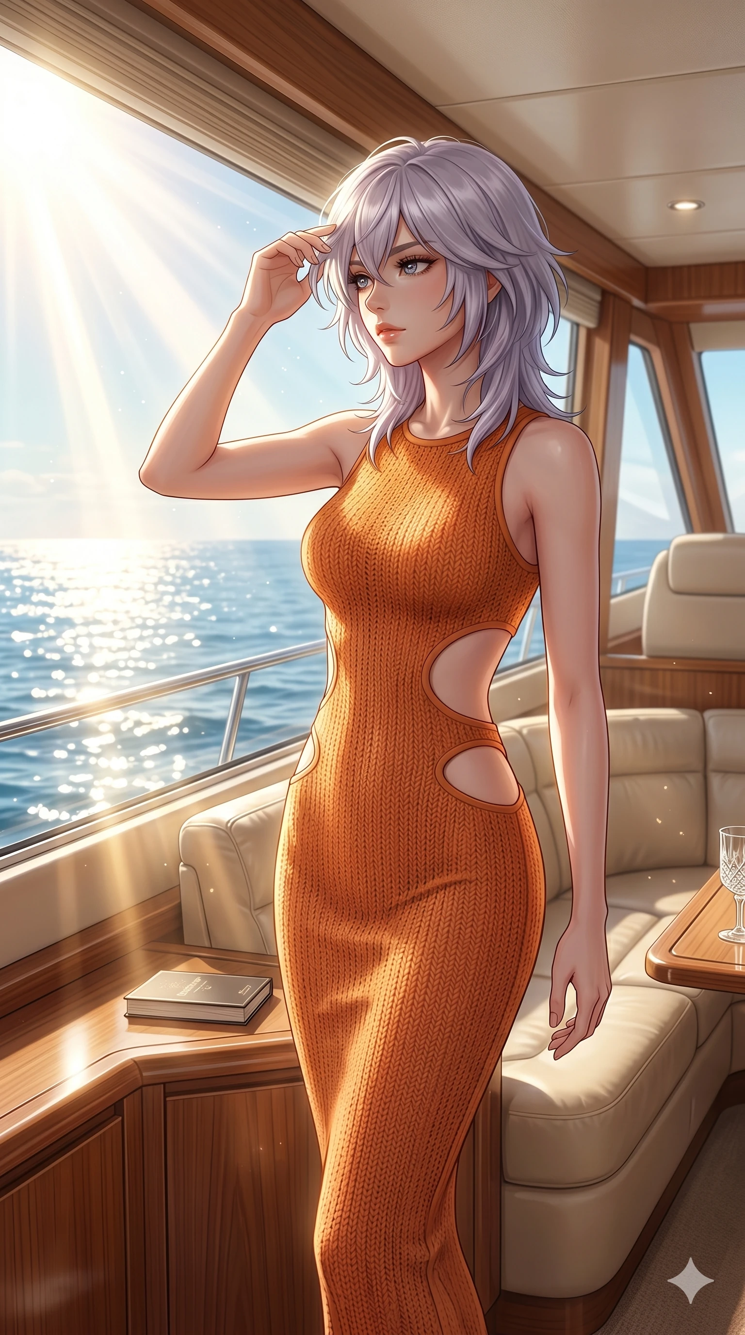 score_9, masterpiece, best quality, ultra-detailed, high-budget anime keyframe, editorial fashion photography, tasteful artistic composition, Japanese woman. cowboy shot from the thighs up, character and outfit filling the frame for maximum editorial presence. wiping a lock of hair from her forehead, her expression cool and contemplative as she turns her head inside a private yacht cabin lounge with a large window showing the sunbeams reflecting off the ocean (Code-P069). She has an absolutely perfect 8-heads proportion, an exceptionally tall and slender female figure with impossibly long slender legs and an ultra-slim waist. V-shaped jawline, high-bridge nose, intricate jewel-like eyes with depth, thick eyelashes, glossy lips with a natural sheen. wearing a skin-tight orange knit dress with strategic curved cutouts at the waist and hip. bathed in soft morning sunbeams flowing into the room, creating a bright, glowing atmosphere. 2k, ultra detail, master piece, 9:16 ratio